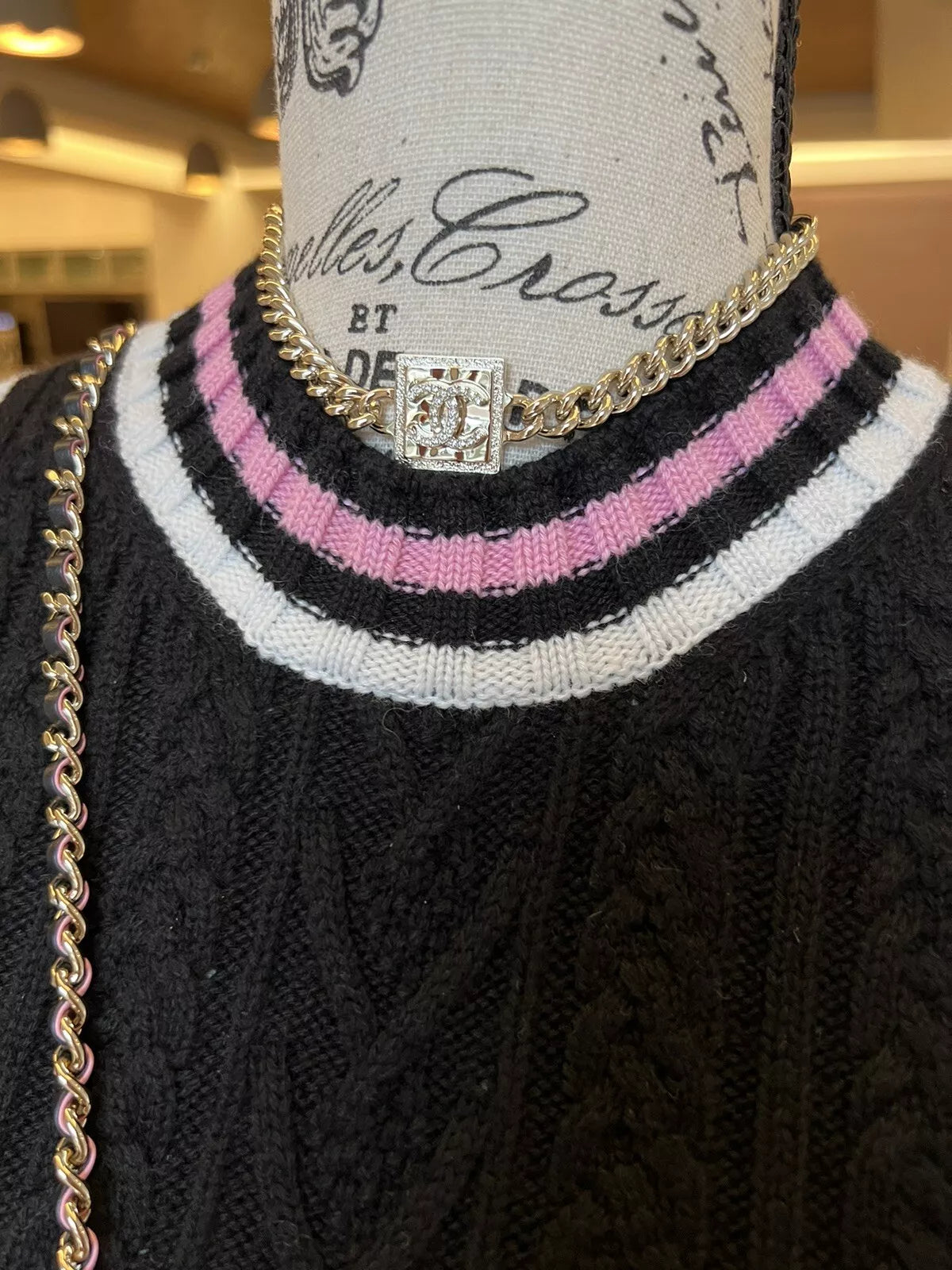 Chanel 23P RTW Tennis Knit Dress in Black, Pink and Ecru Strip Details 36