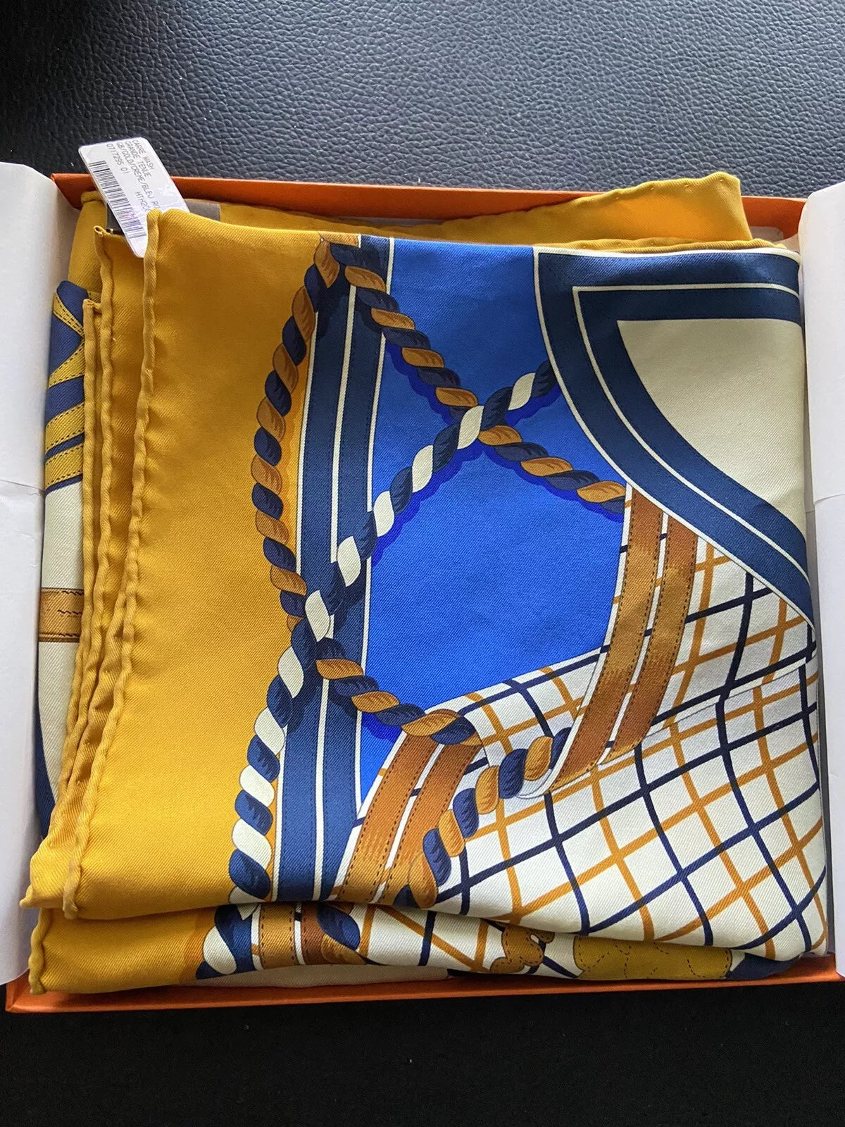 Hermes Carre Wash Grande Tenue Silk Scarf 90 X 90 cm Gold / Creme / Bleu Roy