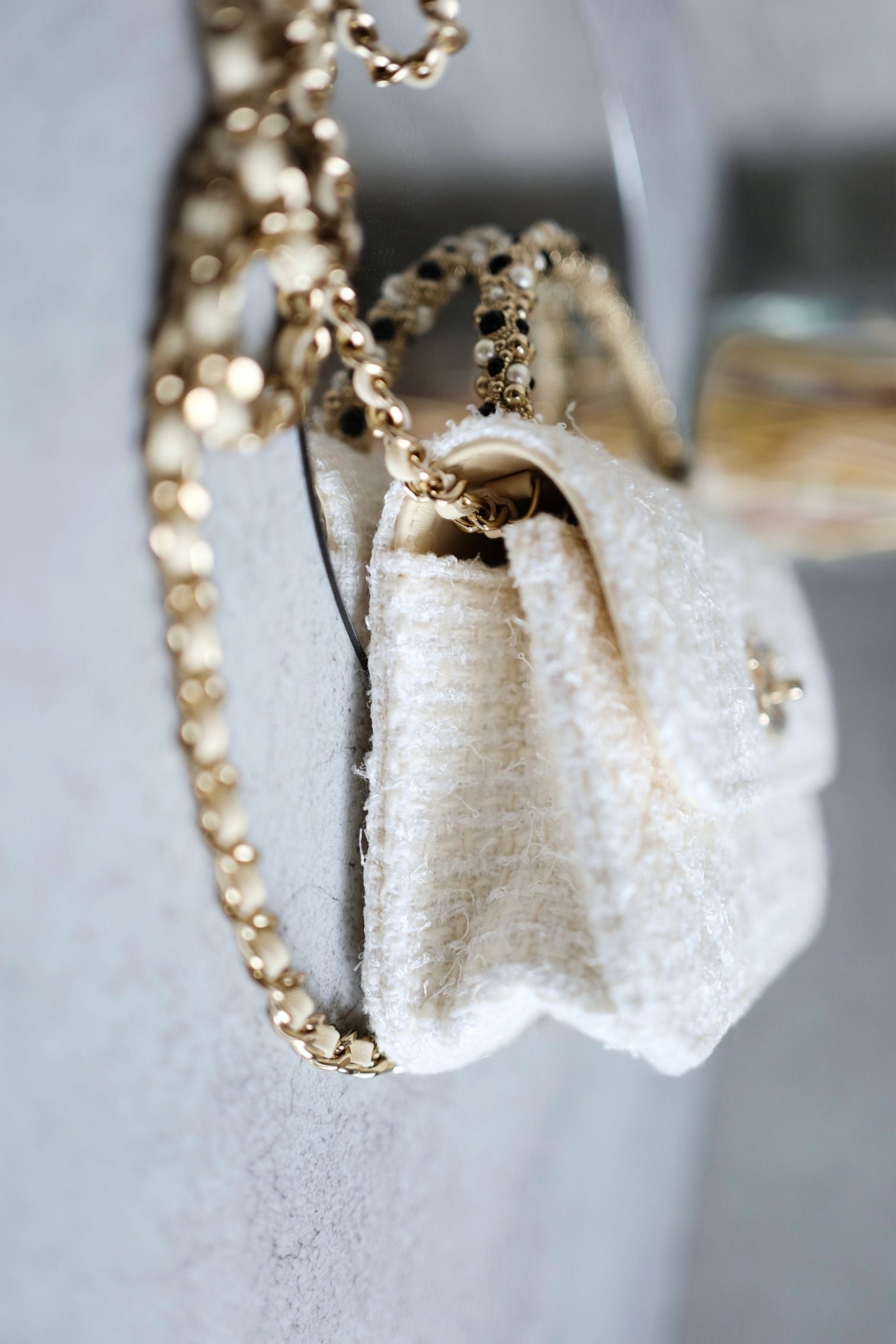 CHANEL 26C Top Handle Clutch With Chain in Tweed Pearl Ecru White Gold Hardware