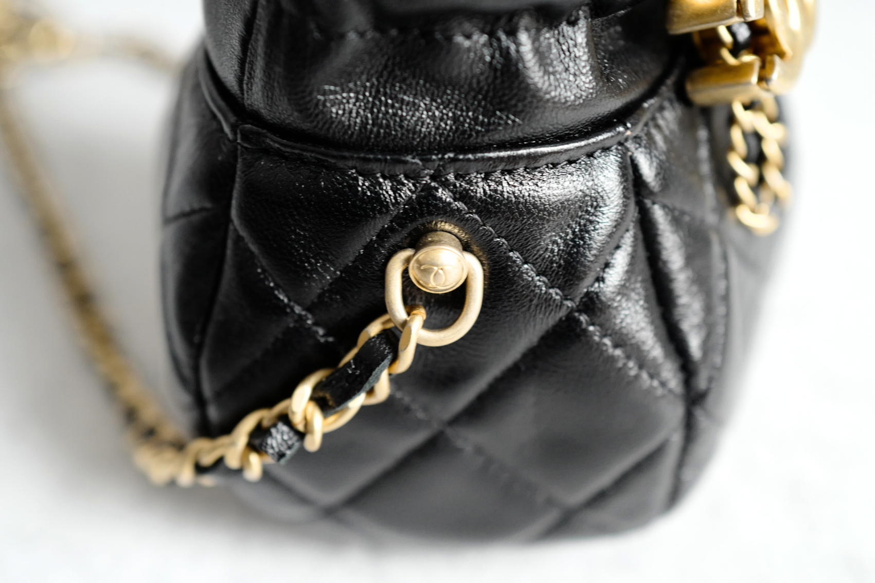 BNIB Chanel 23S Black Shiny Lambskin Clutch with Chain in Gold Hardware