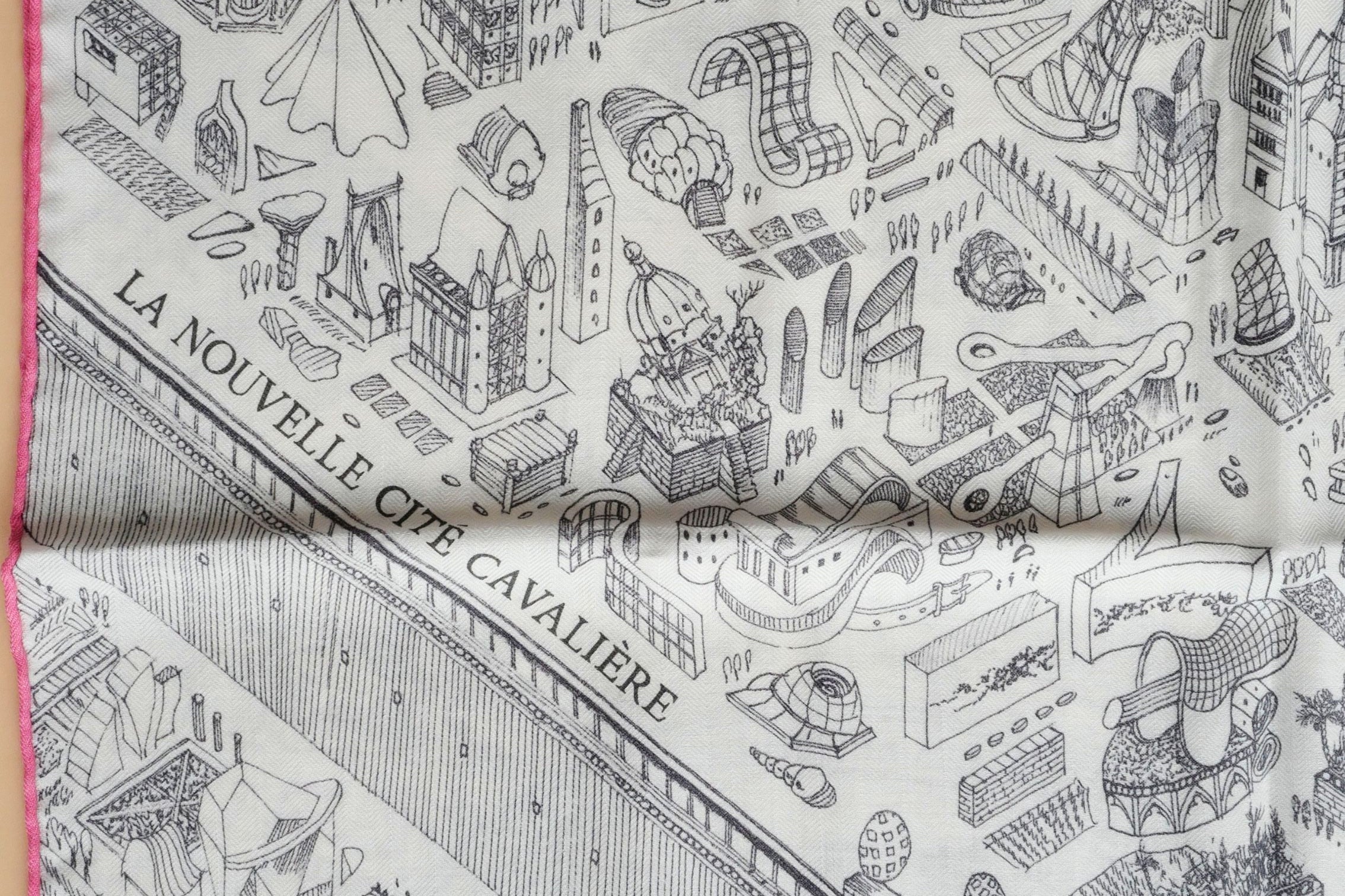 Hermès La Nouvelle Cite Cavaliere Shawl 140 Blanc/Gris/Rose Cashmere Silk