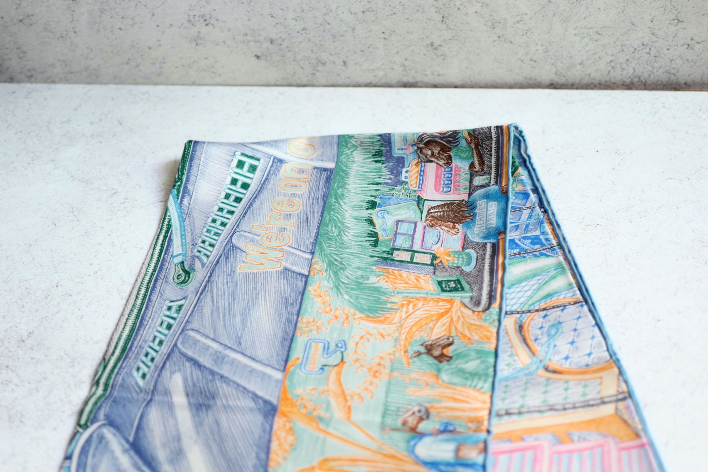 Hermès City of Light Scarf Bleu Jean/Rose/ Vert Véronèse 100% Silk 90