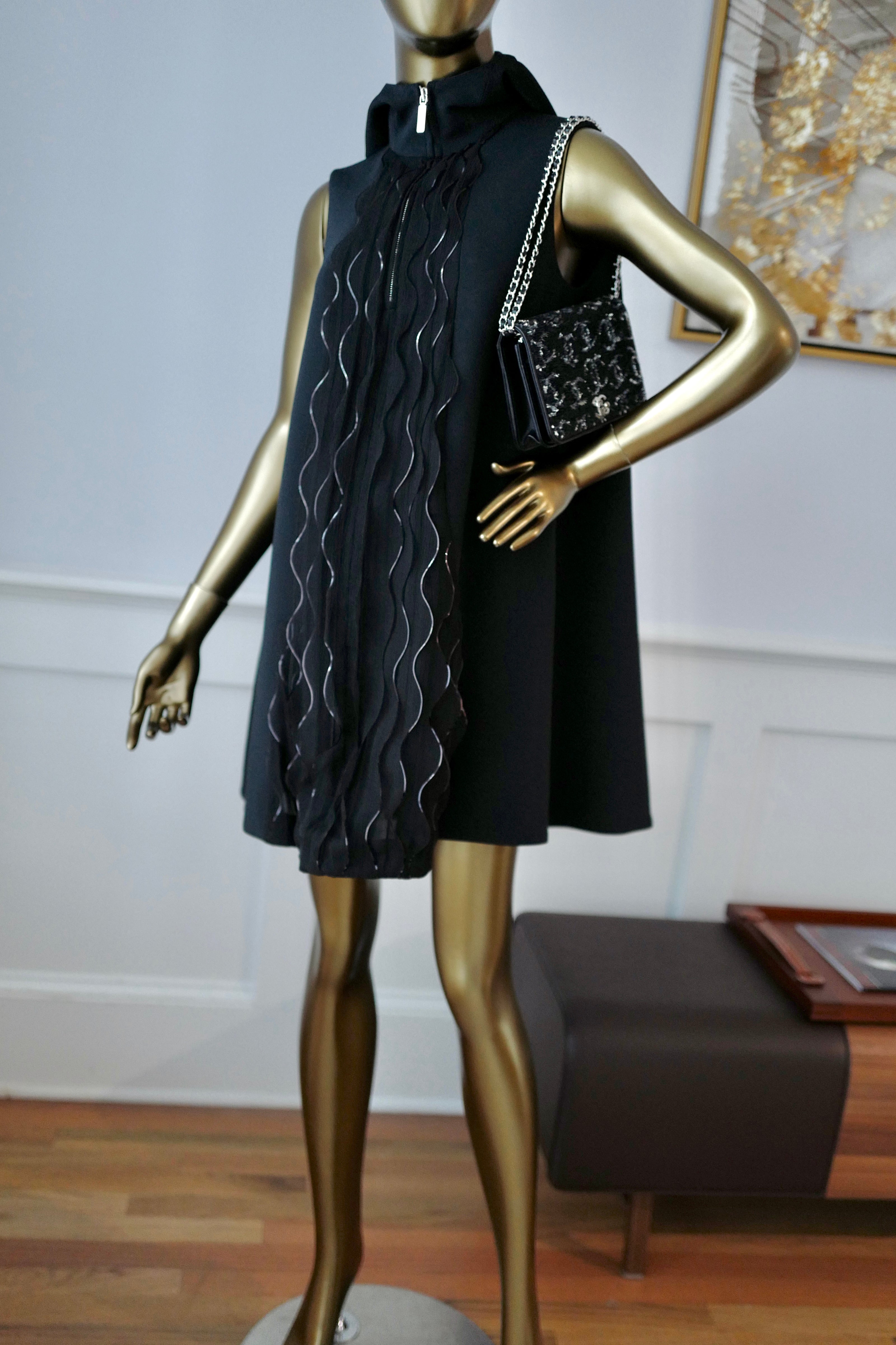 NEW Chanel 25S Dress in Black Shimmery Pleated with Hoodie size 36