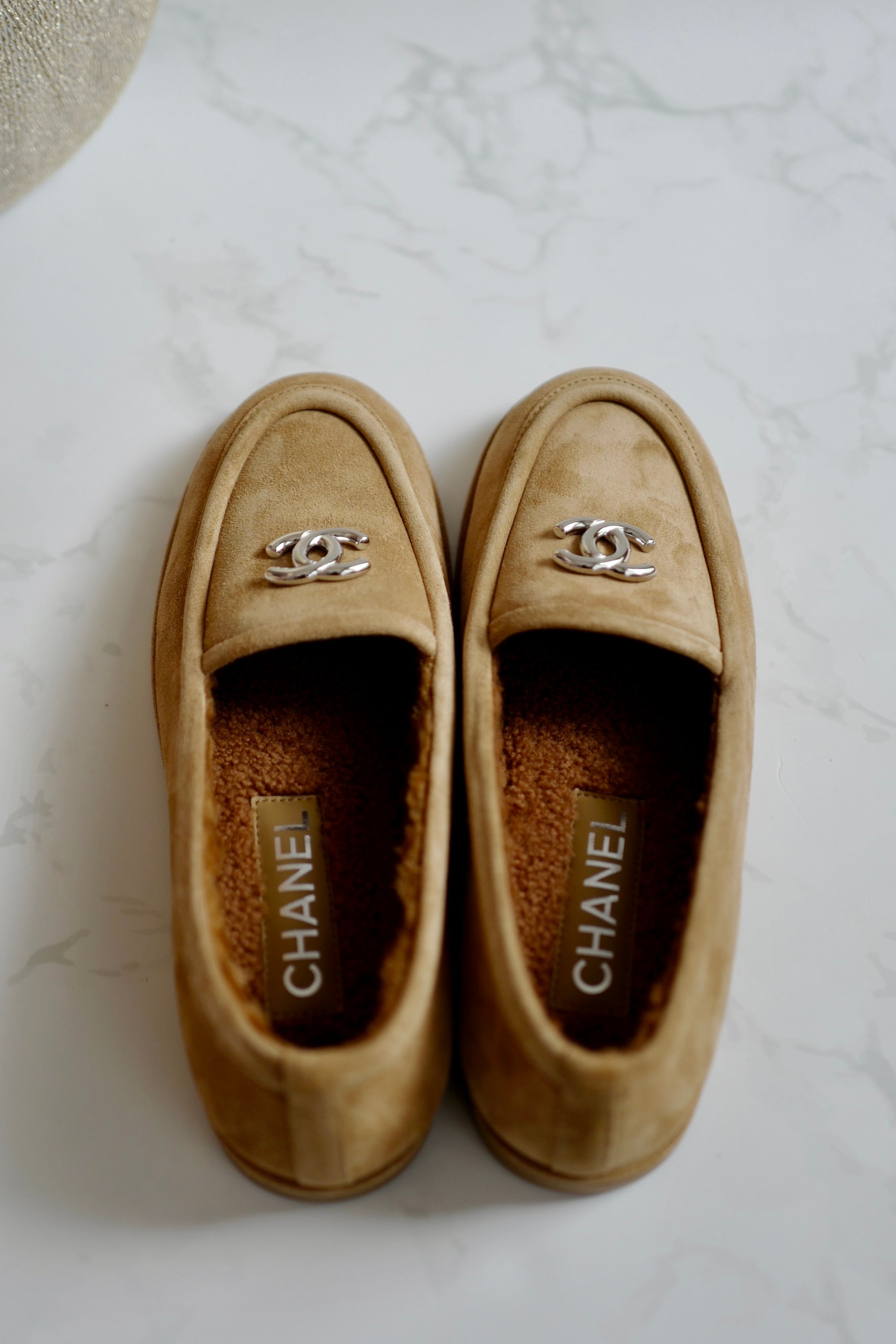 CHANEL 24K Shearling Lined Suede Calfskin CC Loafers