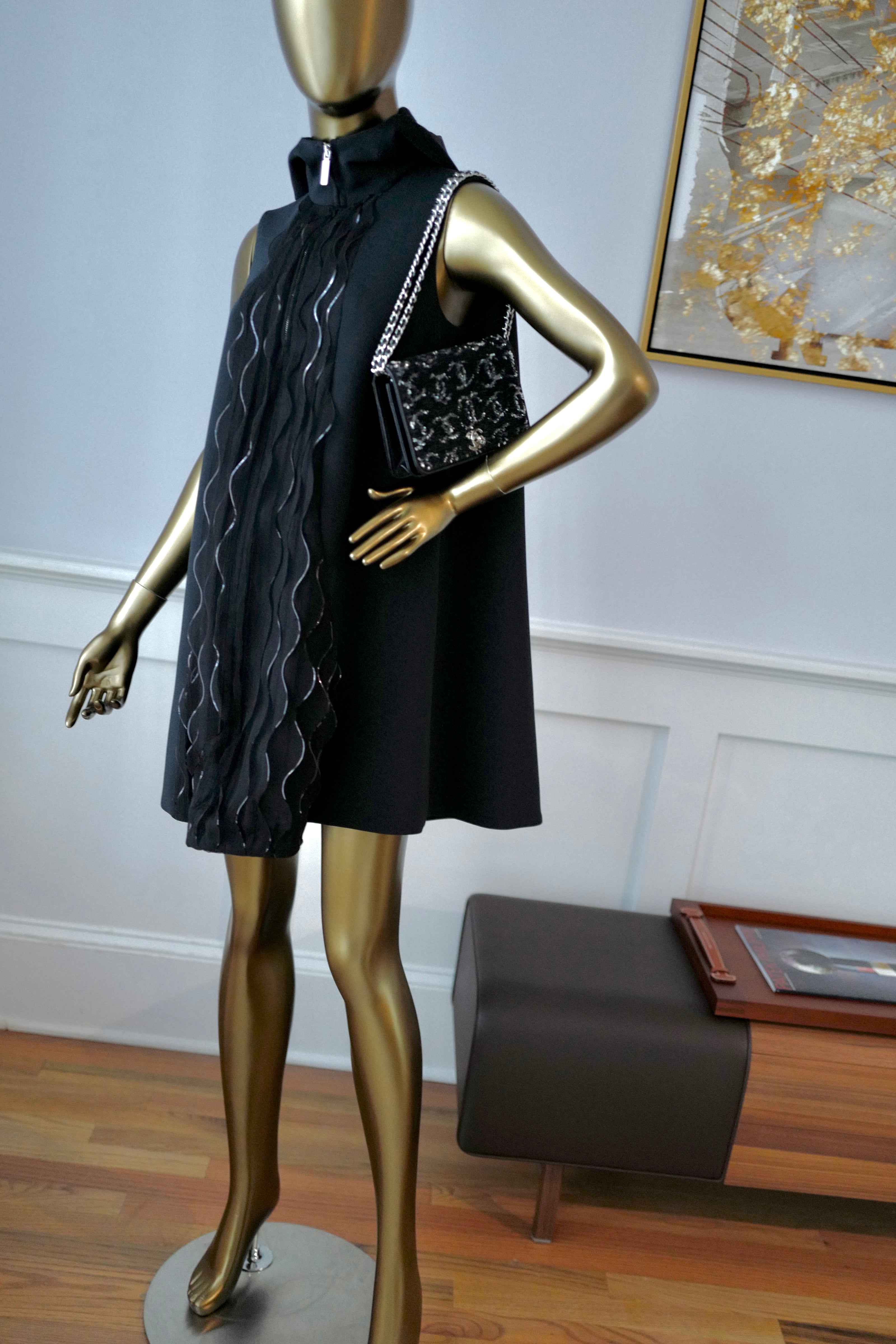 NEW Chanel 25S Dress in Black Shimmery Pleated with Hoodie size 36