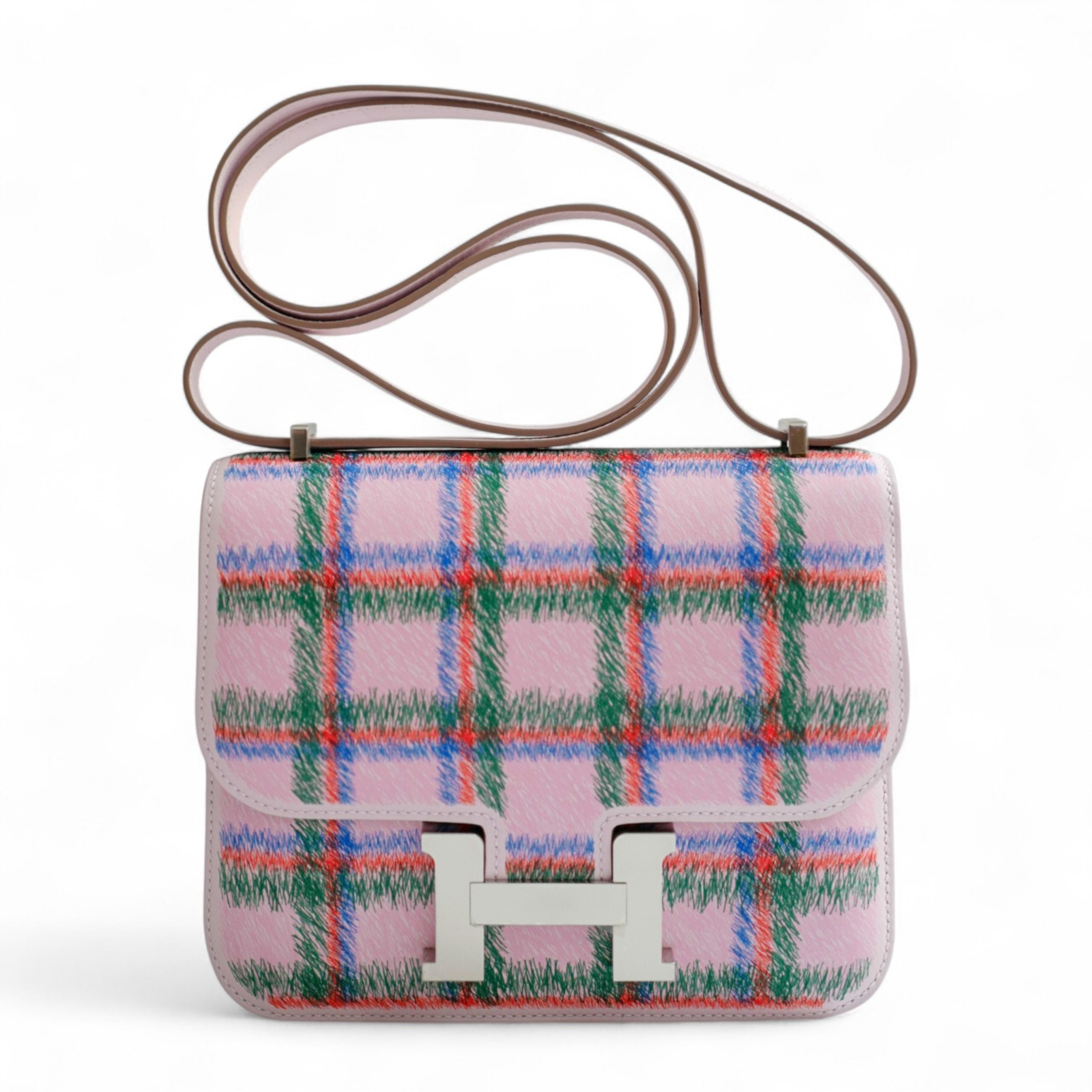 BNIB Hermès Constance 18 Mirror Tartan Pink Leather Shoulder Bag Palladium Hardware