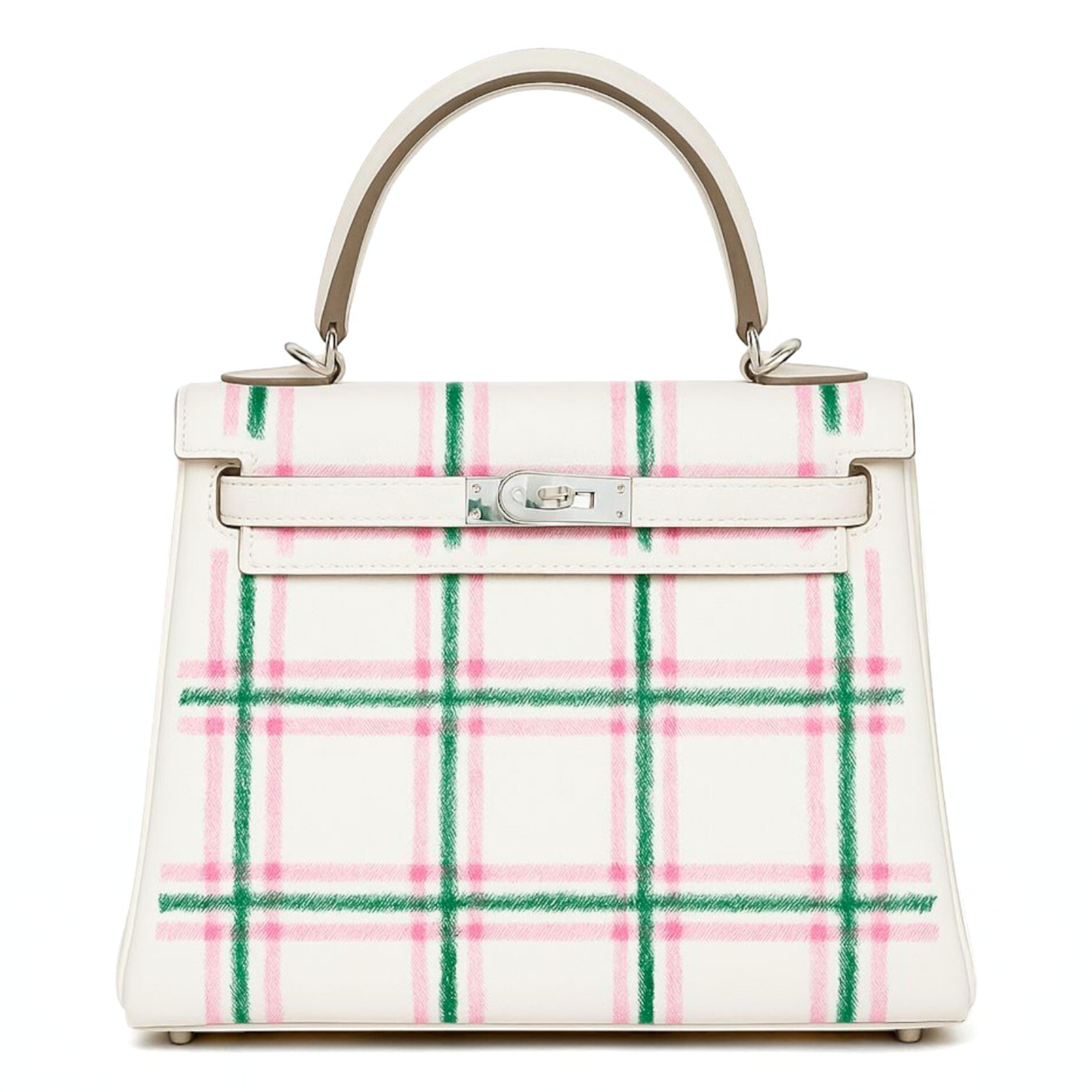 BNIB Hermès Kelly 25 Sellier Tartan Pattern White Leather Handbag With Palladium Hardware