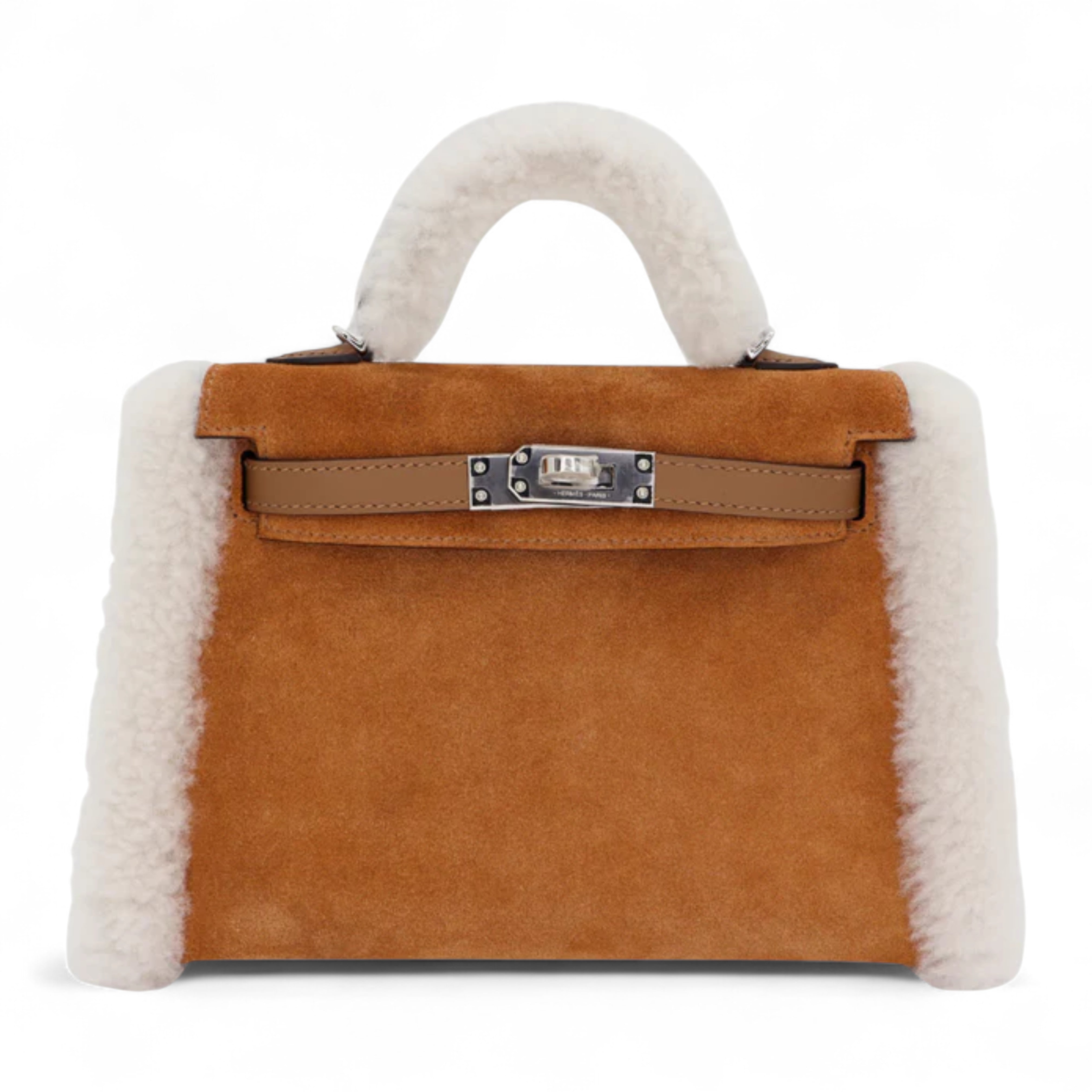 BNIB Hermès Mini Kelly Teddy Gold/Ecru/Alezan Shearling Suede Palladium Hardware