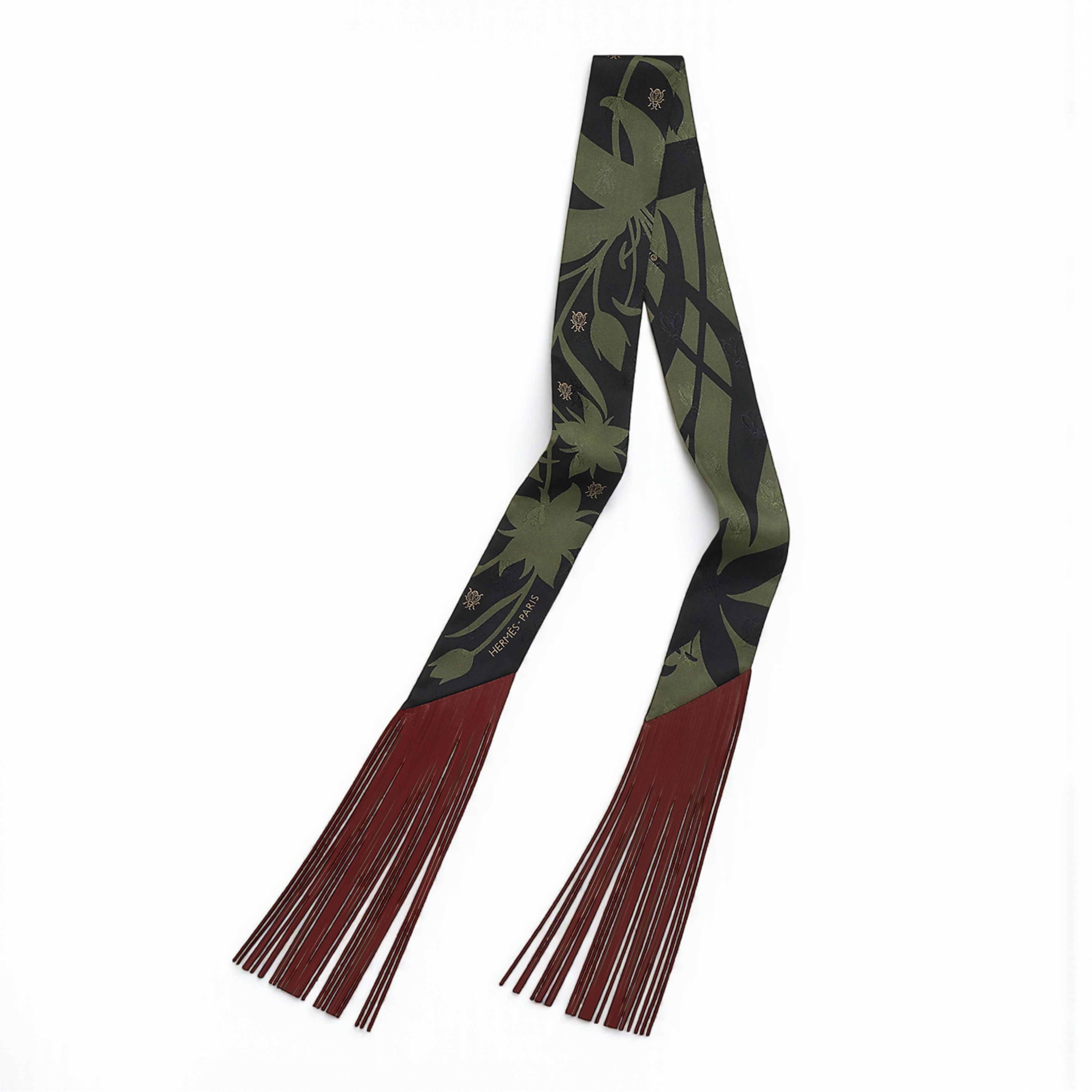 Hermès Twilly Bouquet Final Silk Noir Vert Loden with Leather Fringe