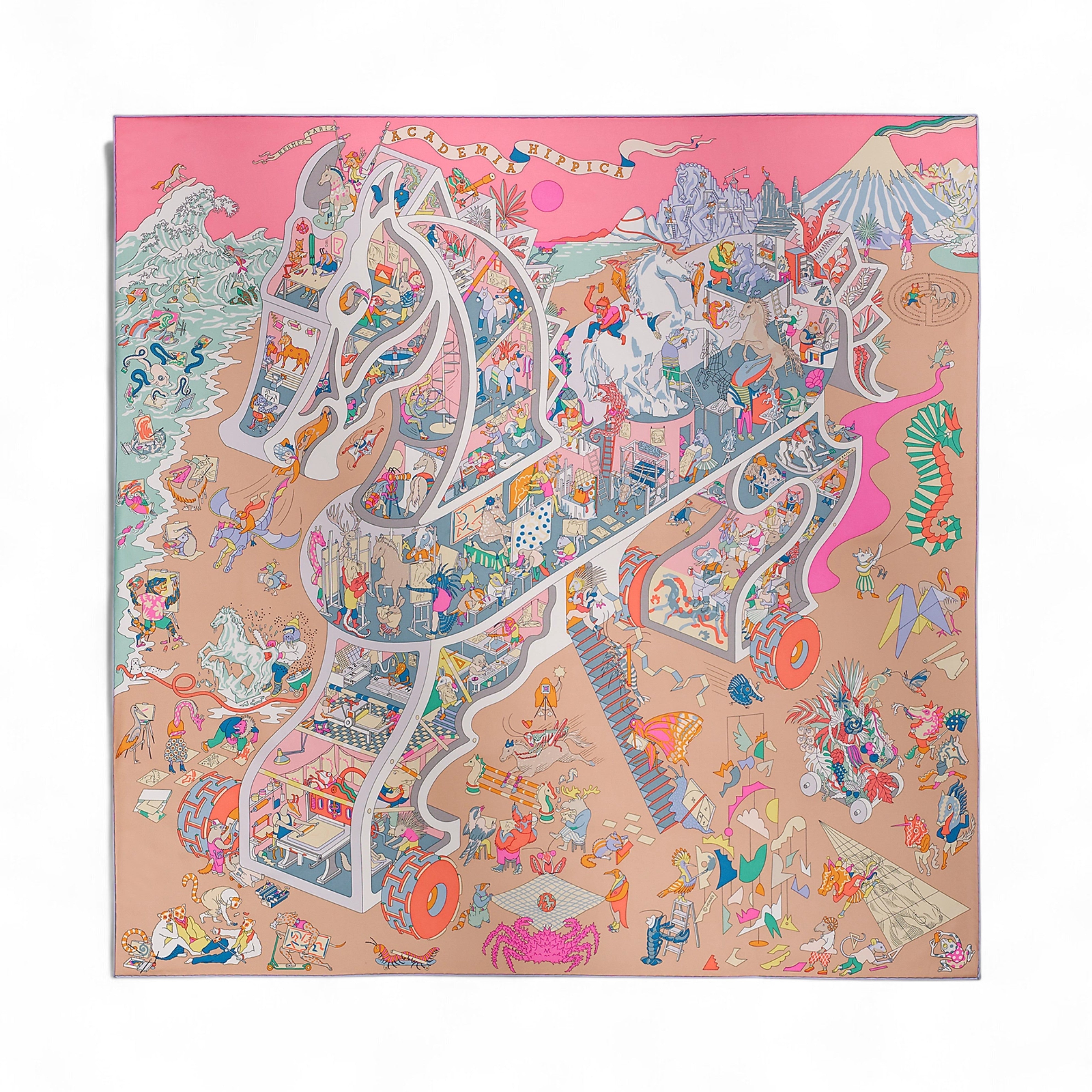 NEW Hermès Scarf 90 Academia Hippica Rose Bonbon/Gris Silk Scarf