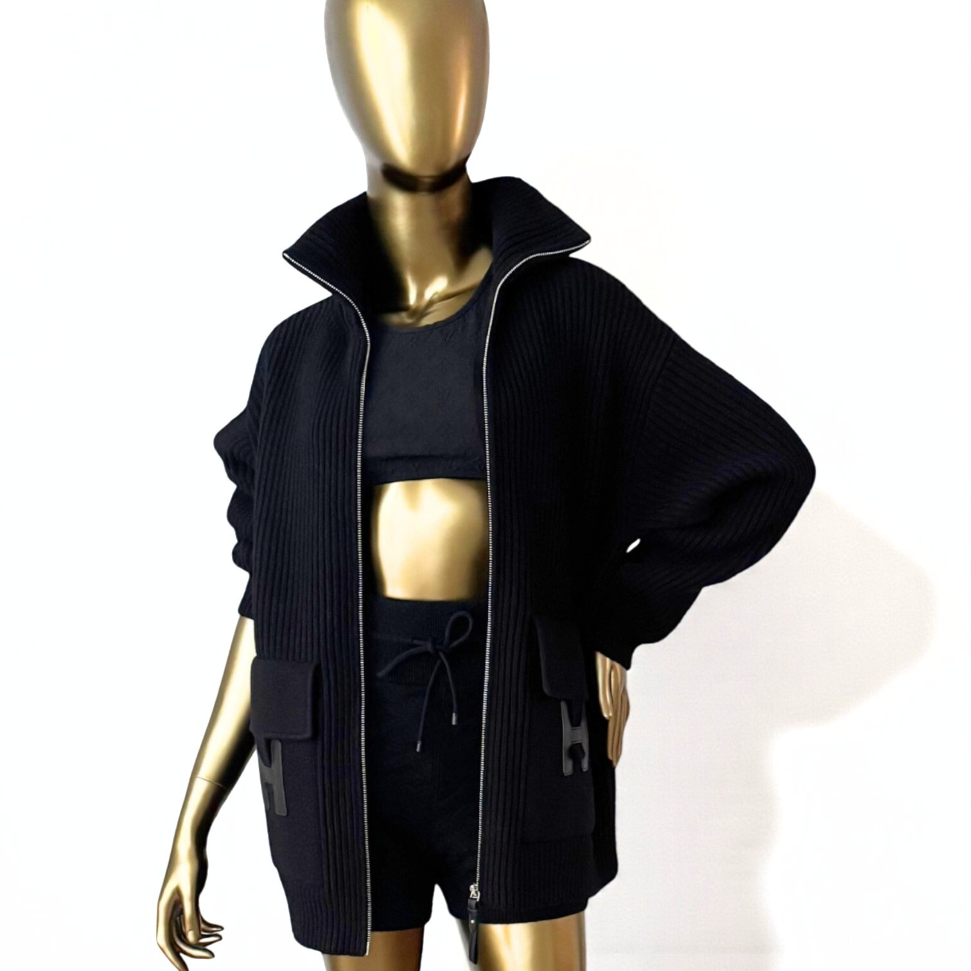 NEW Hermès Blouson Cardigan H Pockets Black Size 36 Wool Jacket