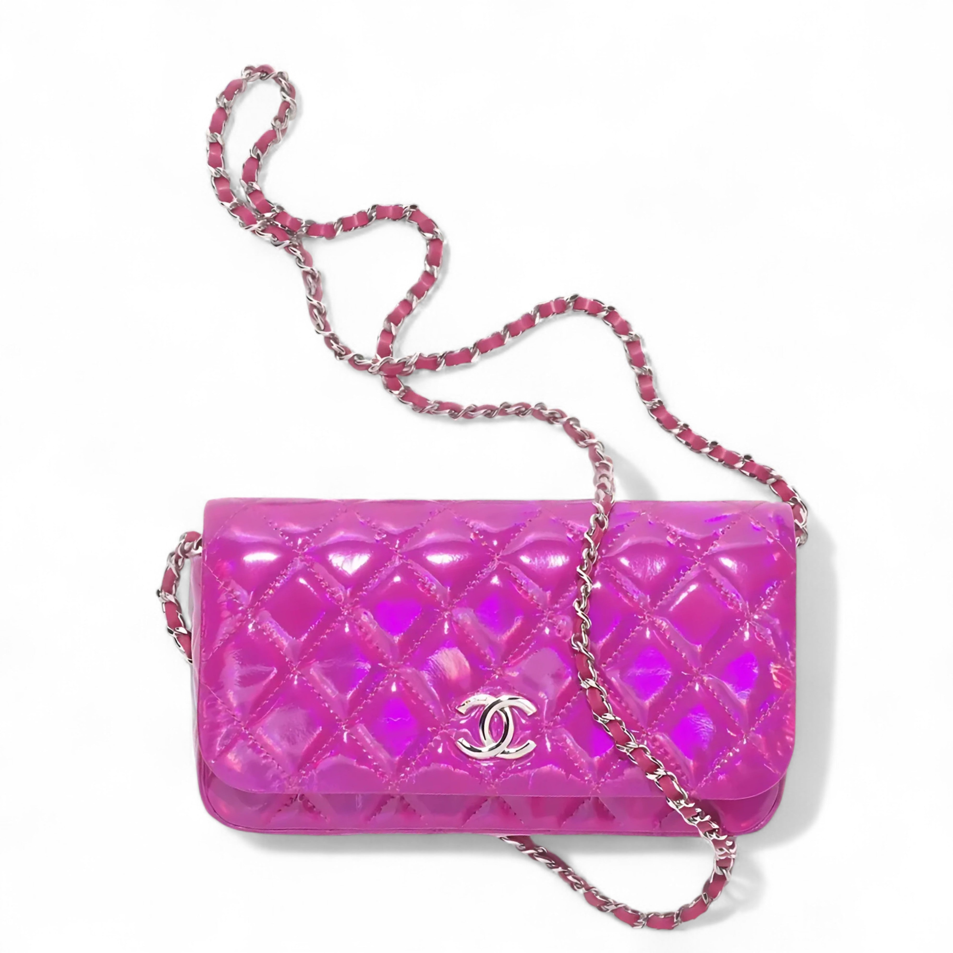 NEW Chanel Wallet on Chain Iridescent Mirror Goatskin Silver Fuchsia Cruise 24C