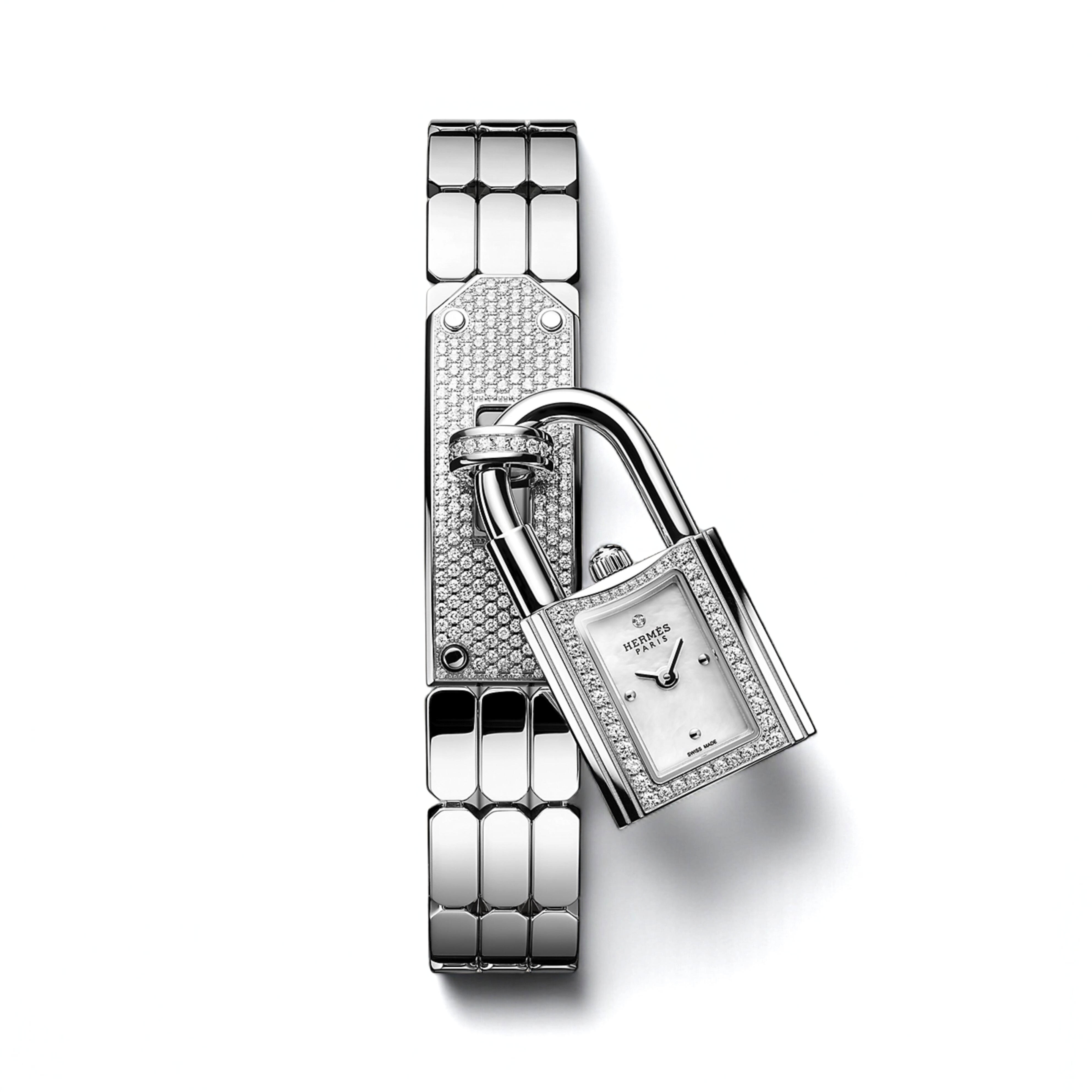 BNIB Hermes Kelly Watch Mini Model, 16 mm, Diamond Stainless Steel Bracelet