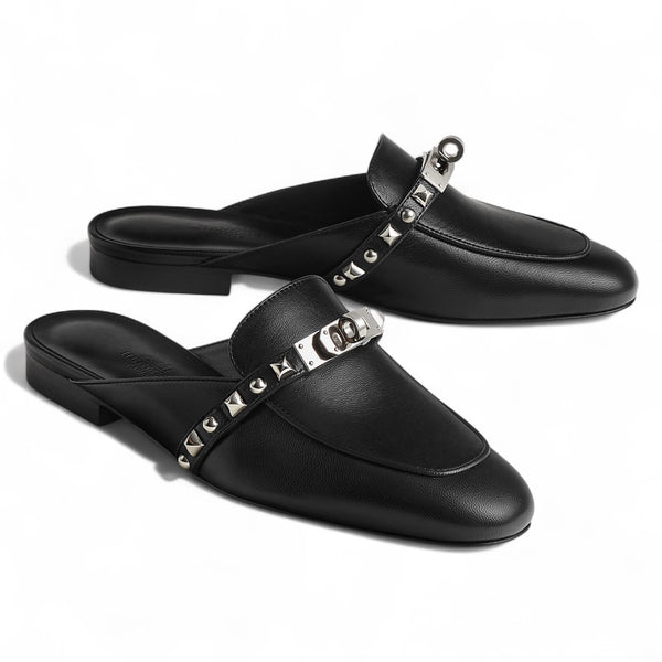 エルメス BNIB Hermes Mule Femme OZ Chevre/ Clous Noir 38