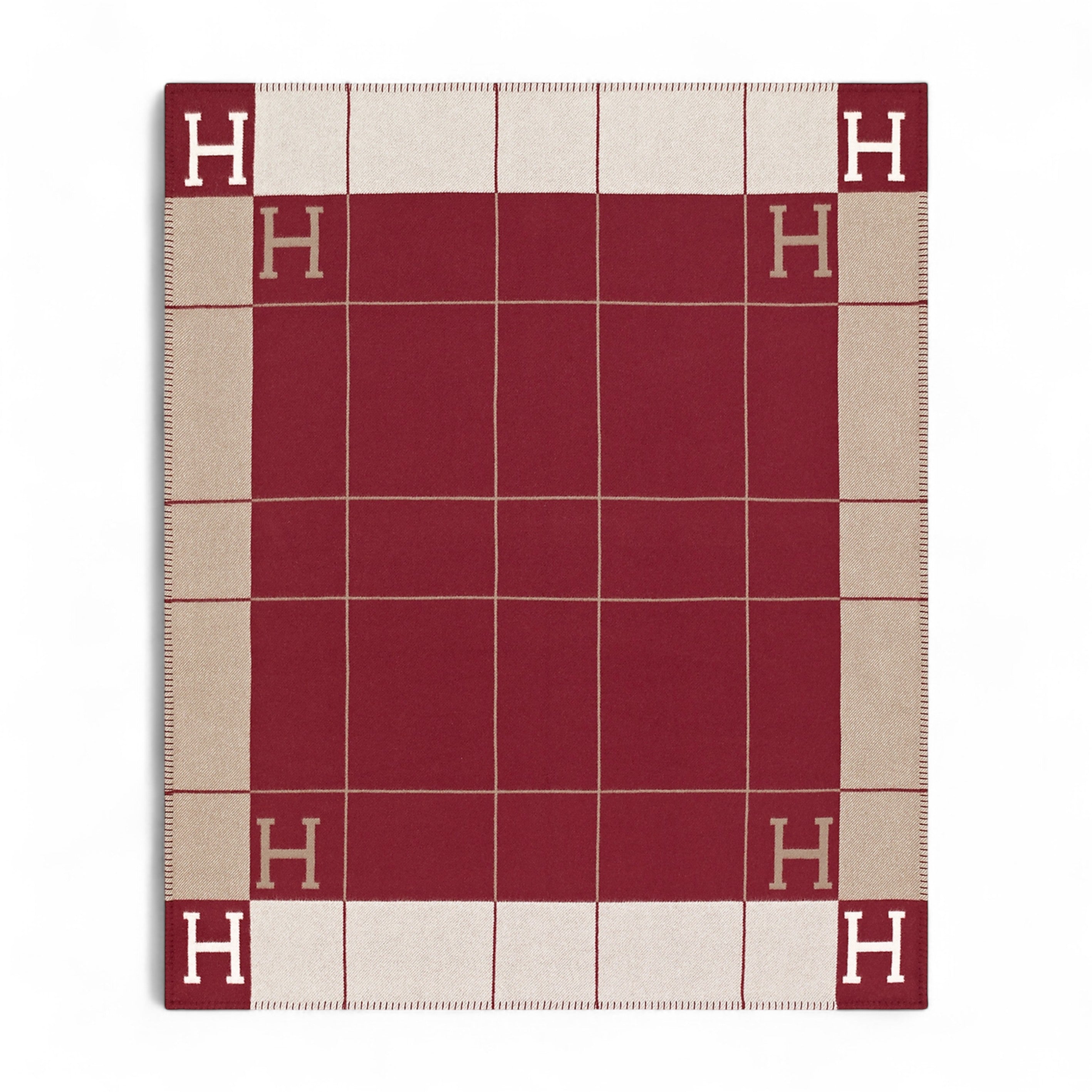 NEW HERMÈS Avalon III Throw Blanket Ecru / Rouge H Wool Cashmere