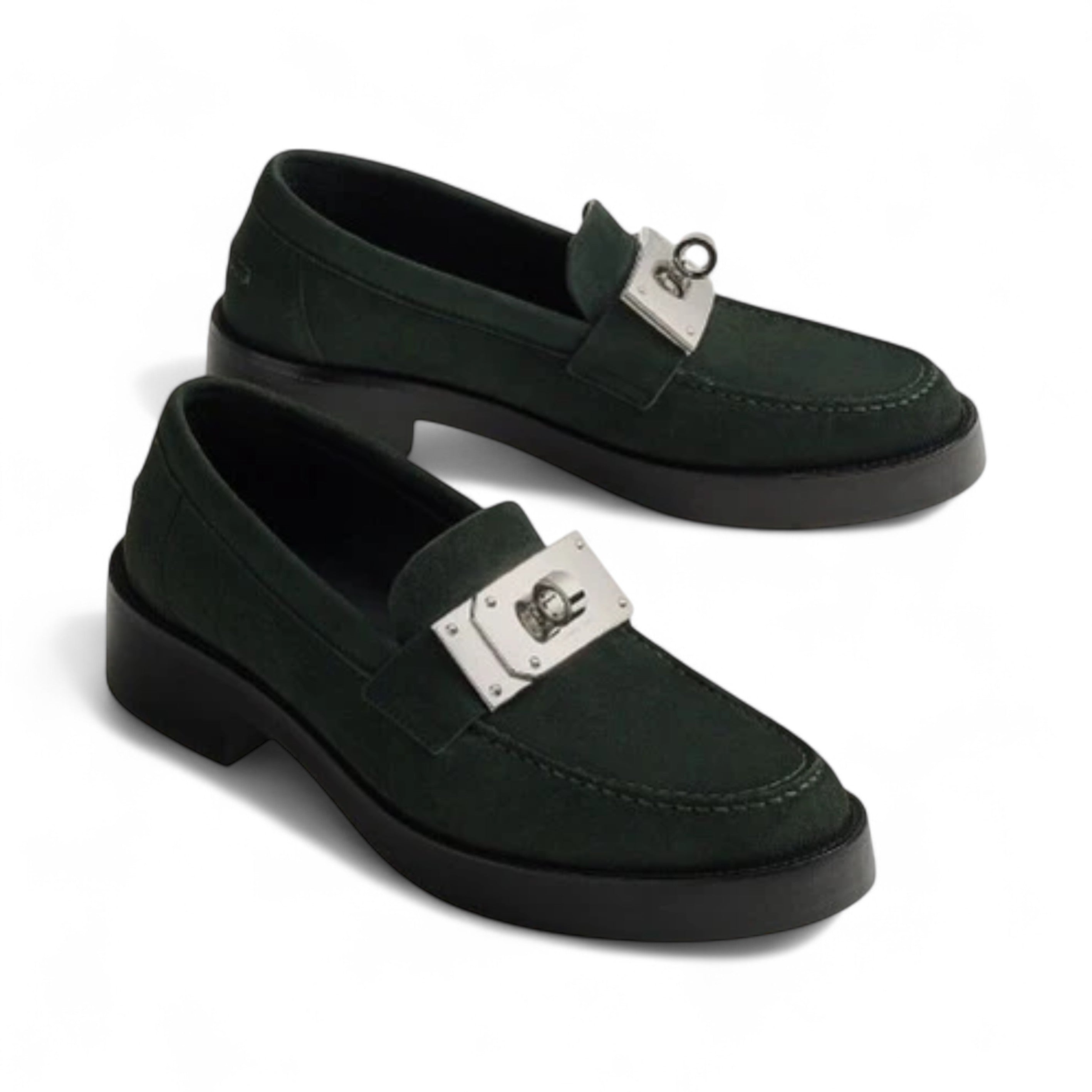Hermes Hot Loafer In Vert Fonce With Oversized Kelly Buckle 38 BNIB $2K Retail