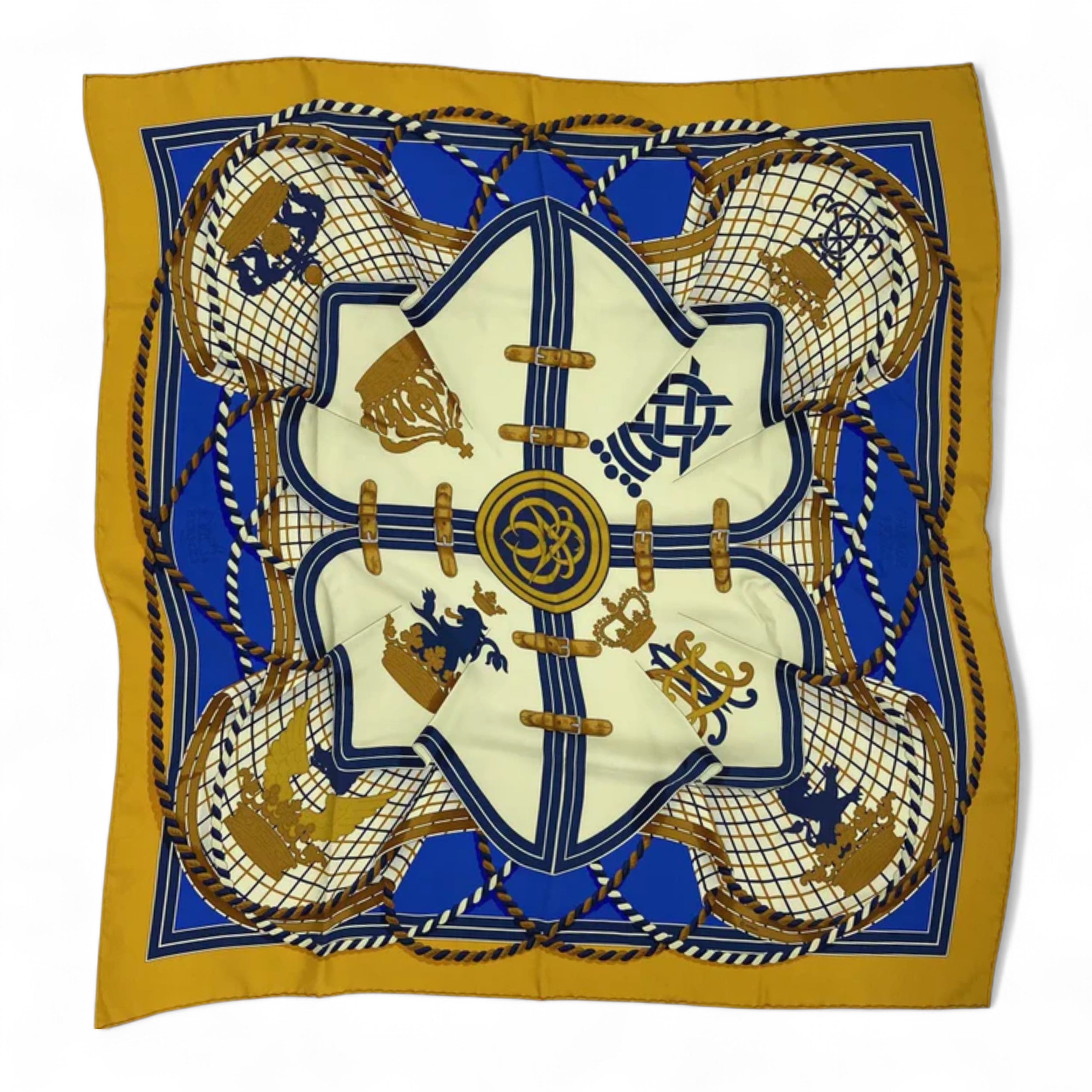 Hermes Carre Wash Grande Tenue Silk Scarf 90 X 90 cm Gold / Creme / Bleu Roy
