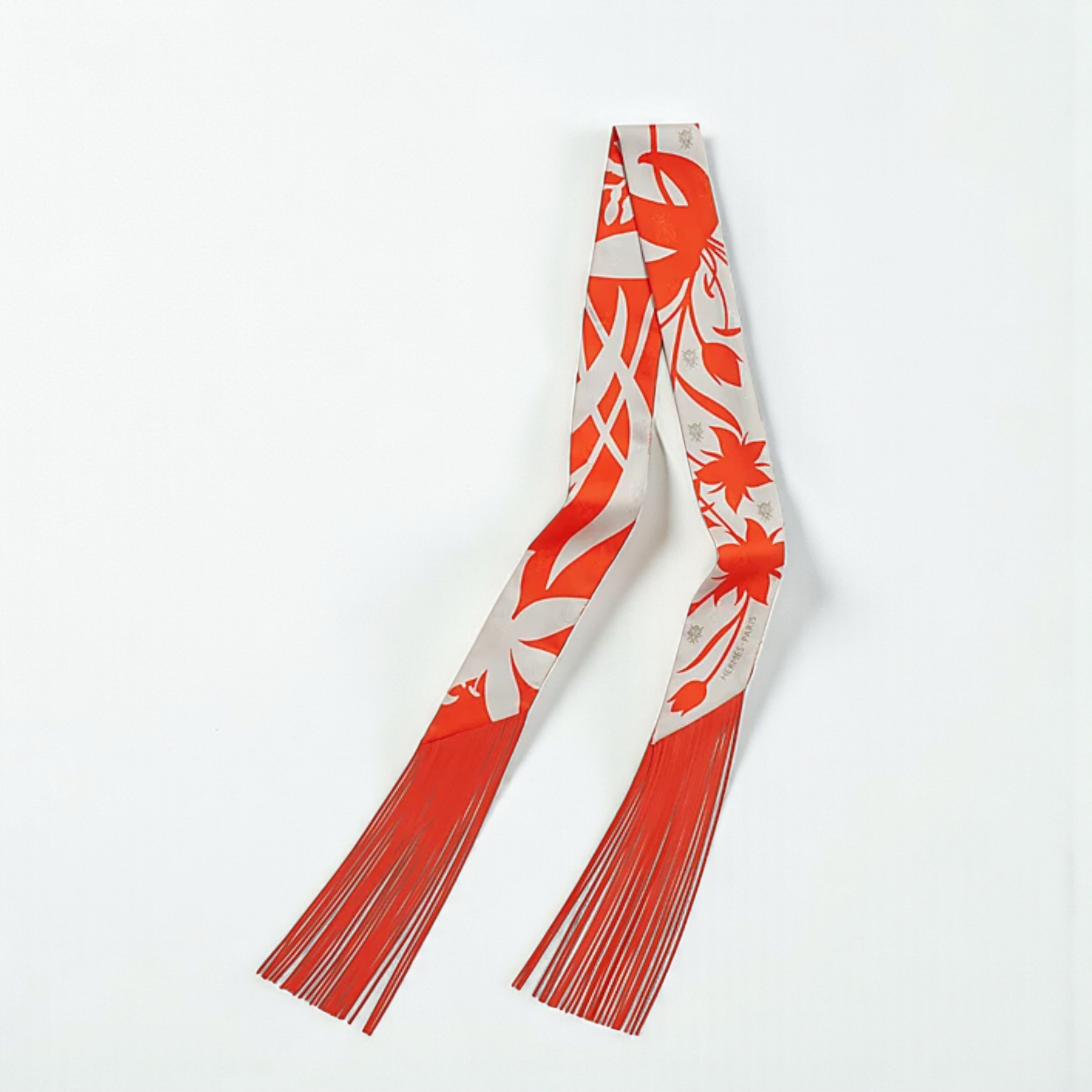 Hermès Twilly Bouquet Final Silk Gris Perle Vermillon with Leather Fringe
