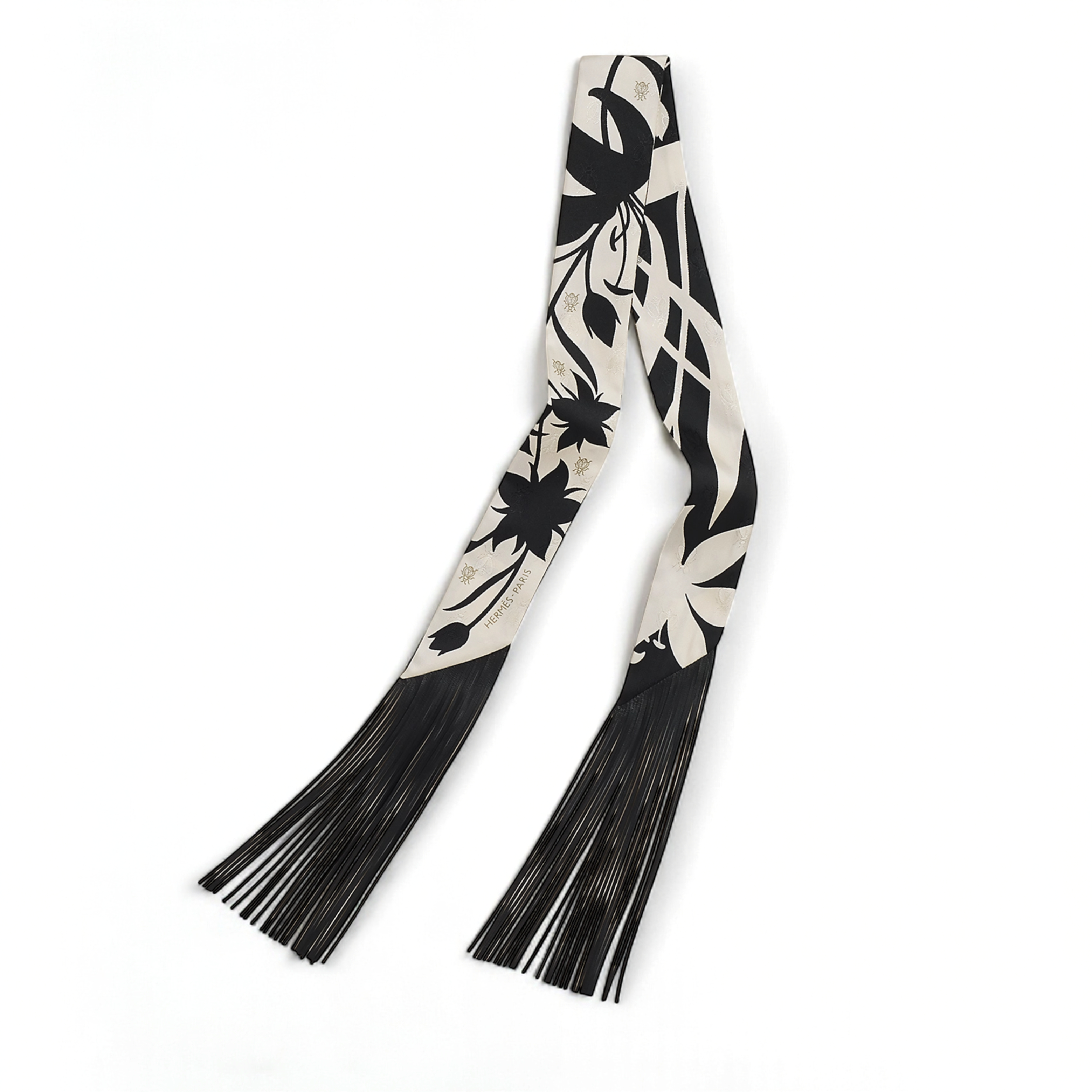 NEW Hermès Twilly Scarf Bouquet Final Leather Fringe Crème/Noir