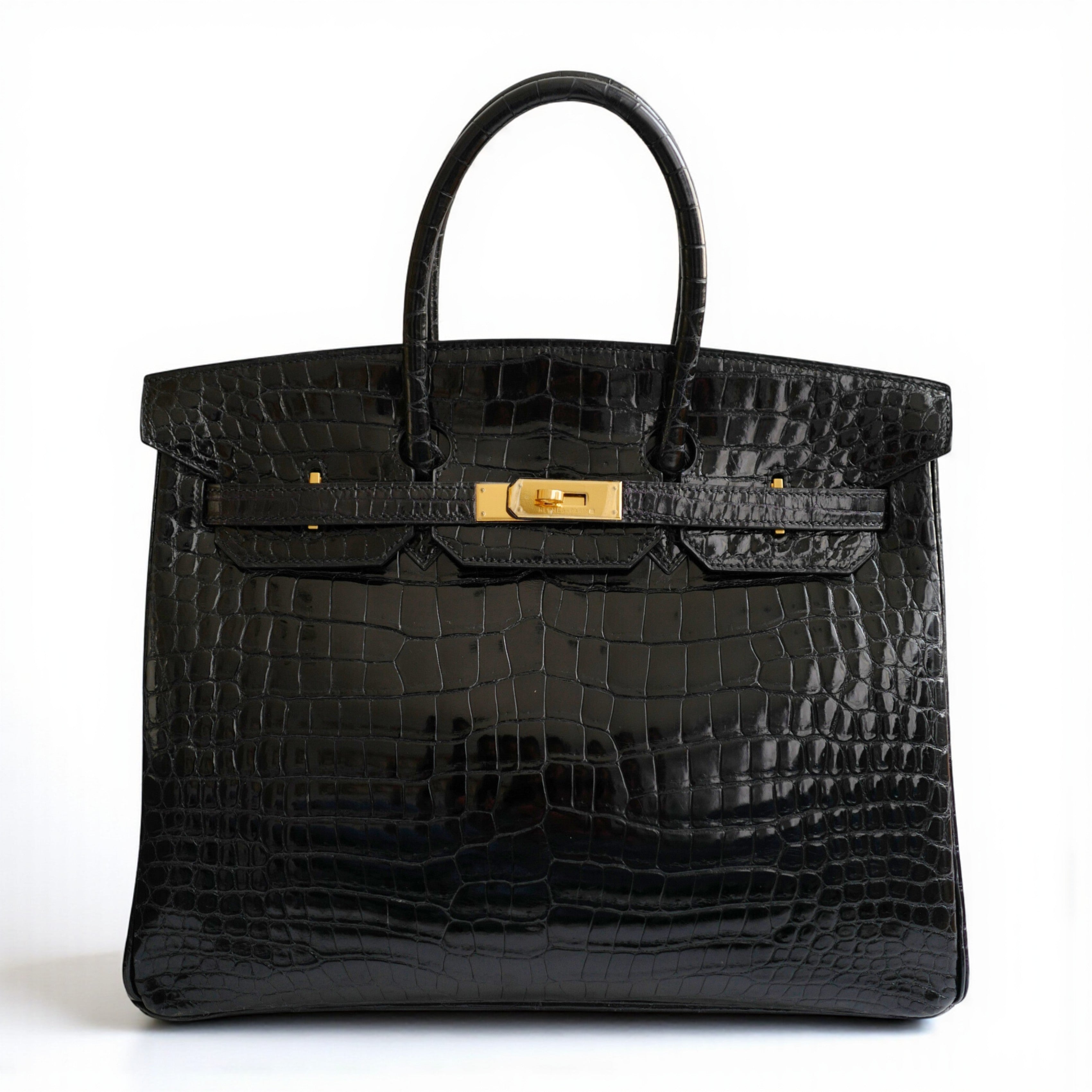 Hermès Birkin 35 Black Shiny Porosus Crocodile Gold HW #D Preowned Condition
