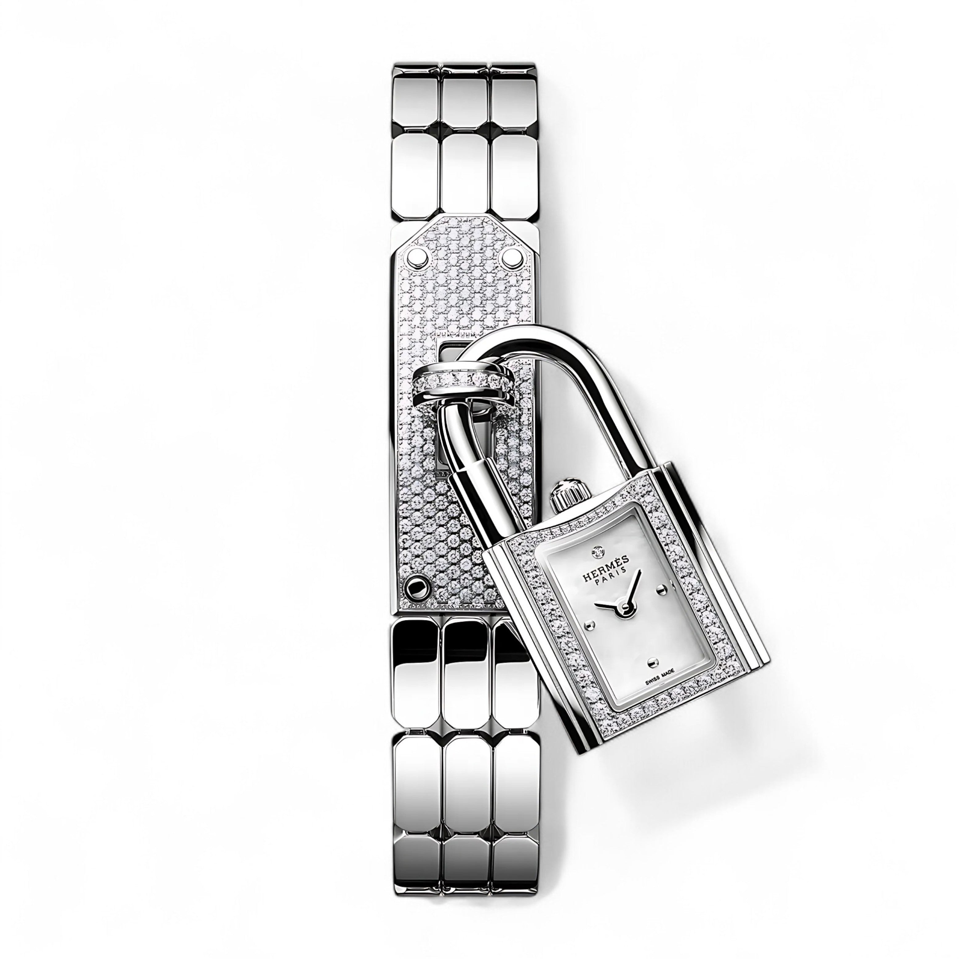BNIB Hermes Kelly watch, Mini model, 16 mm, Diamond-Set Steel Plate Bracelet
