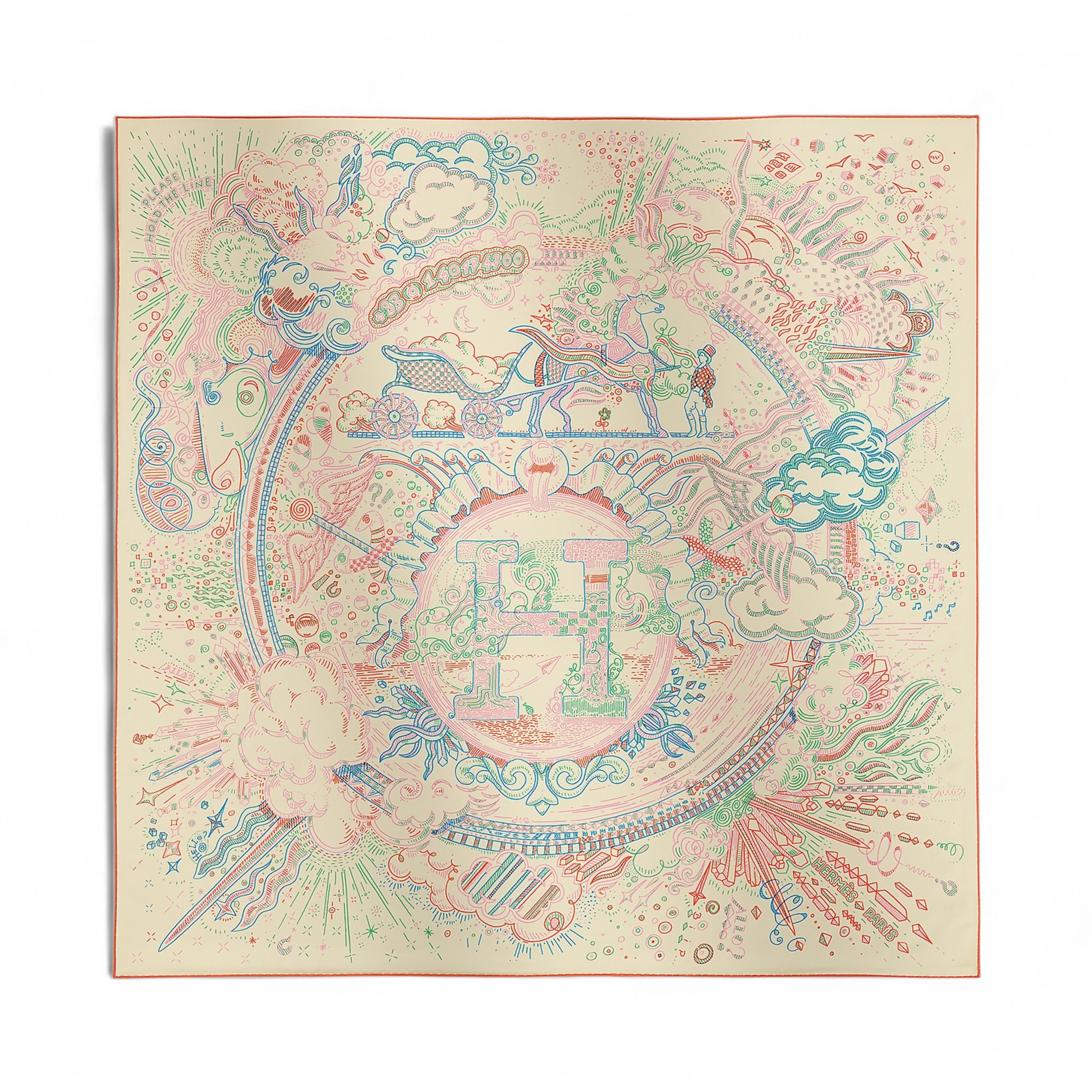 NEW Hermes Please Hold The Line Ac/Vanilla/Bleu 90 silk scarf