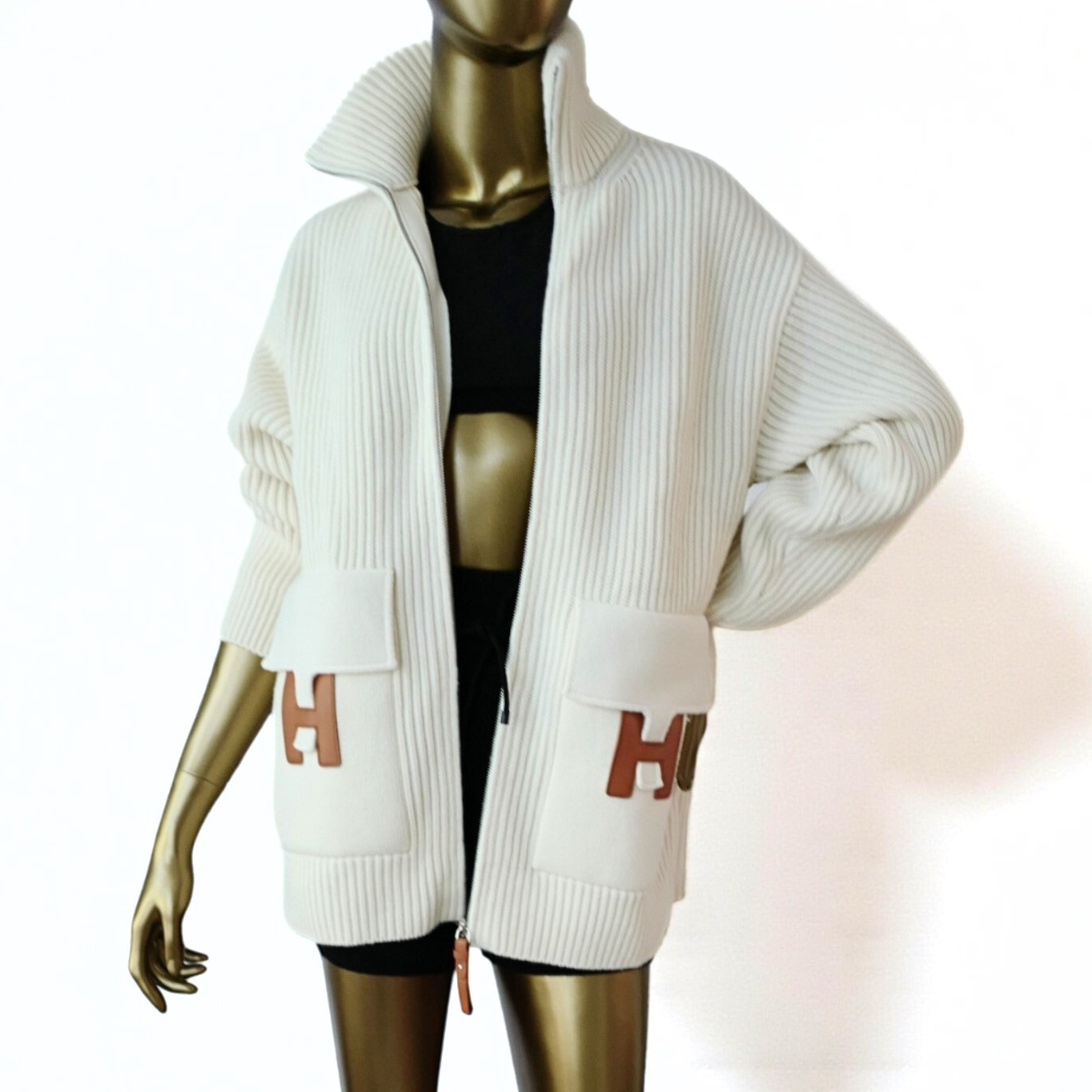 New Hermes Blouson Details Cuir cardigan Virgin Wool size 34