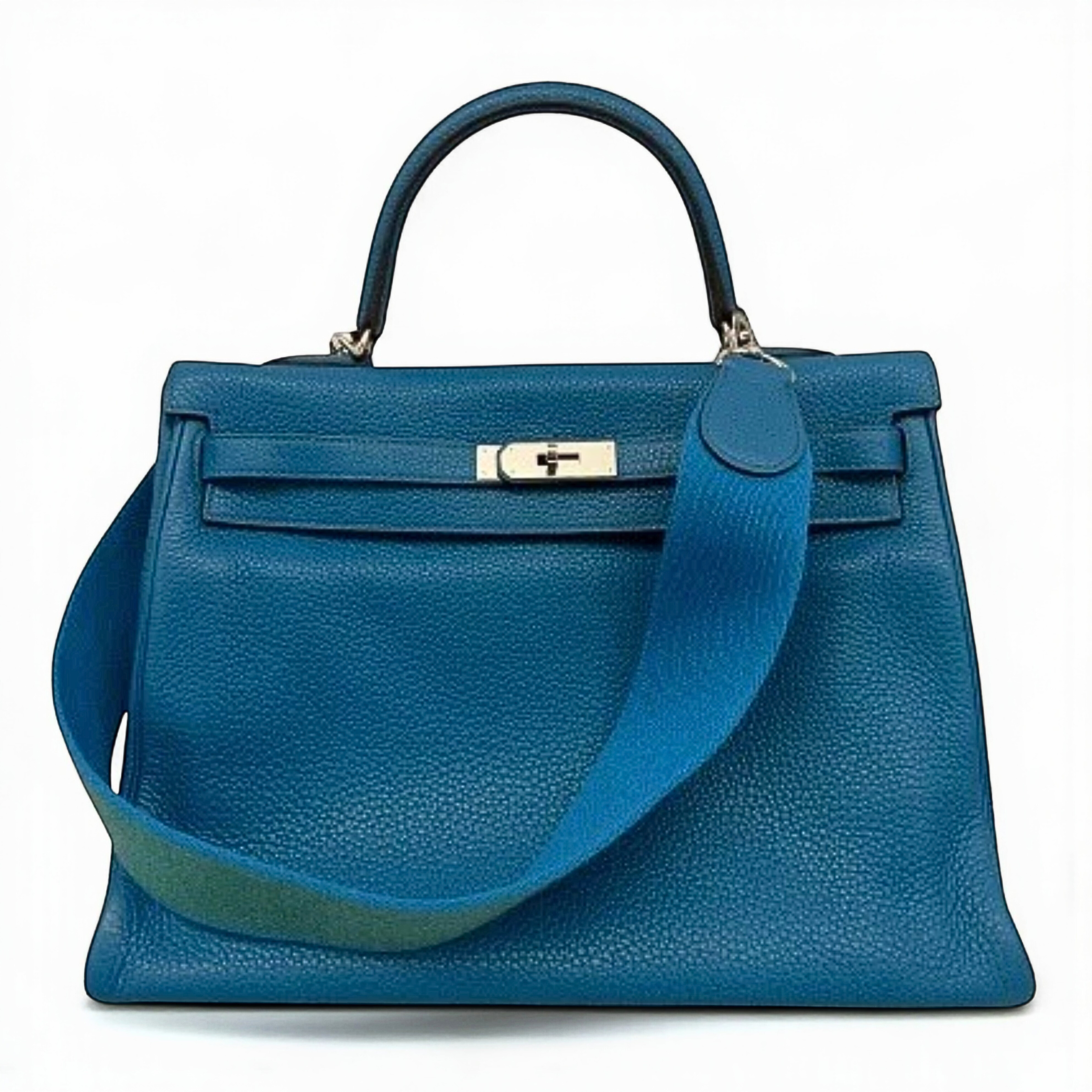Preowned Hermes Kelly 35 In Turqoise Retourne With Amazon Strap Palladium