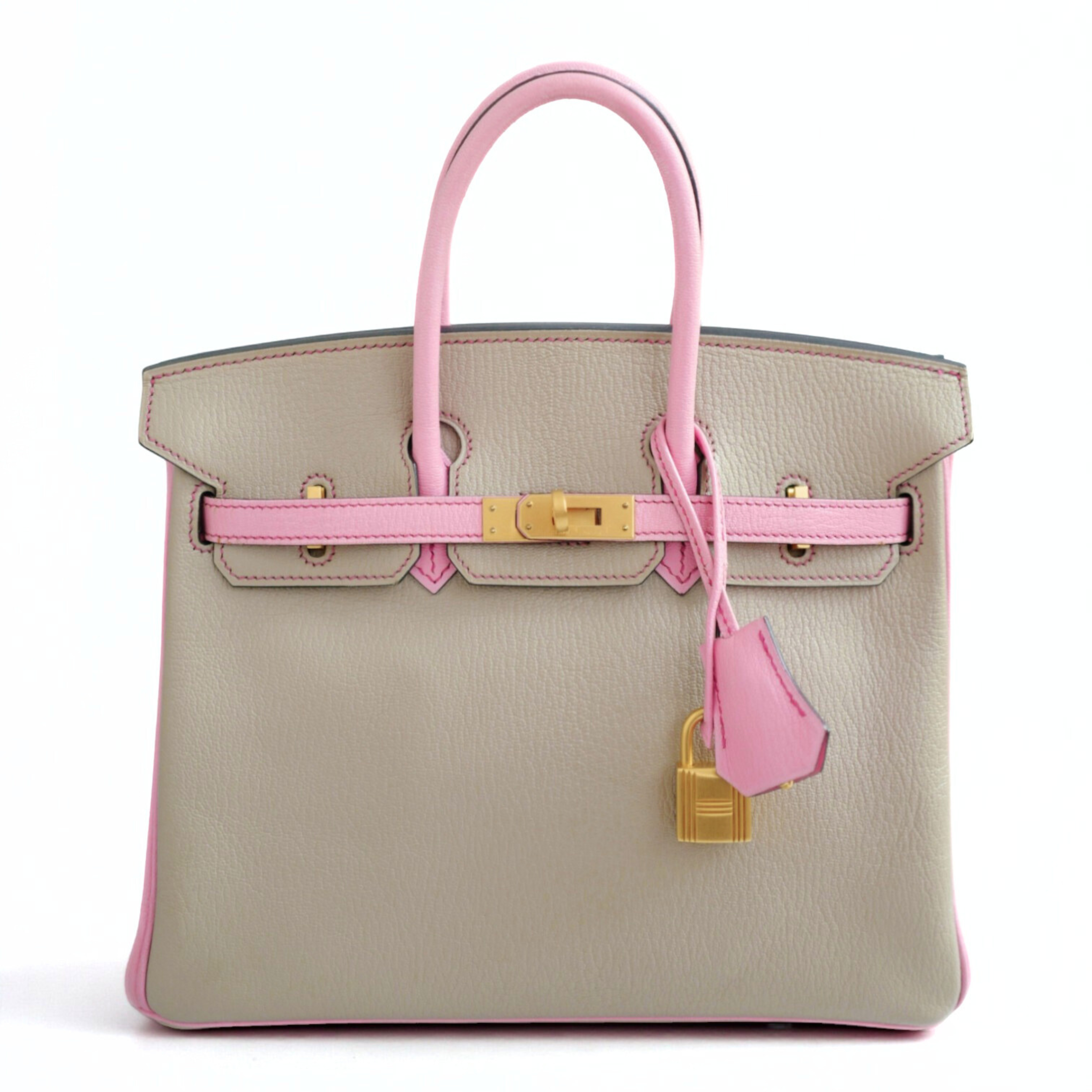 Hermes Birkin 25 HSS Gris Tortuelle / 5P Bubblegum Pink Chevre Brushed Gold HW
