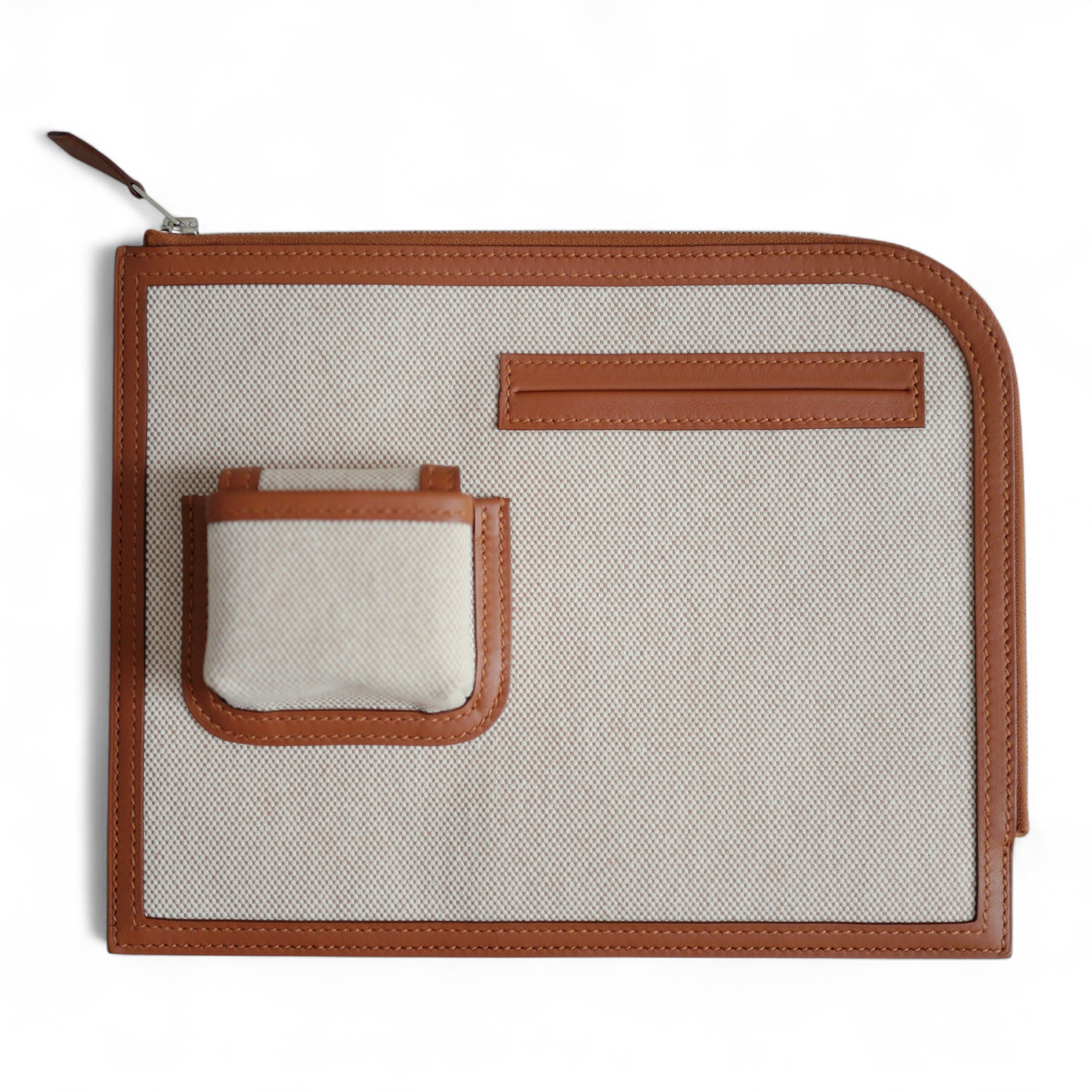 BNIB Hermès H Swift Canvas Cargo Travel Pouch in Ecru-Gold with Palladium HW