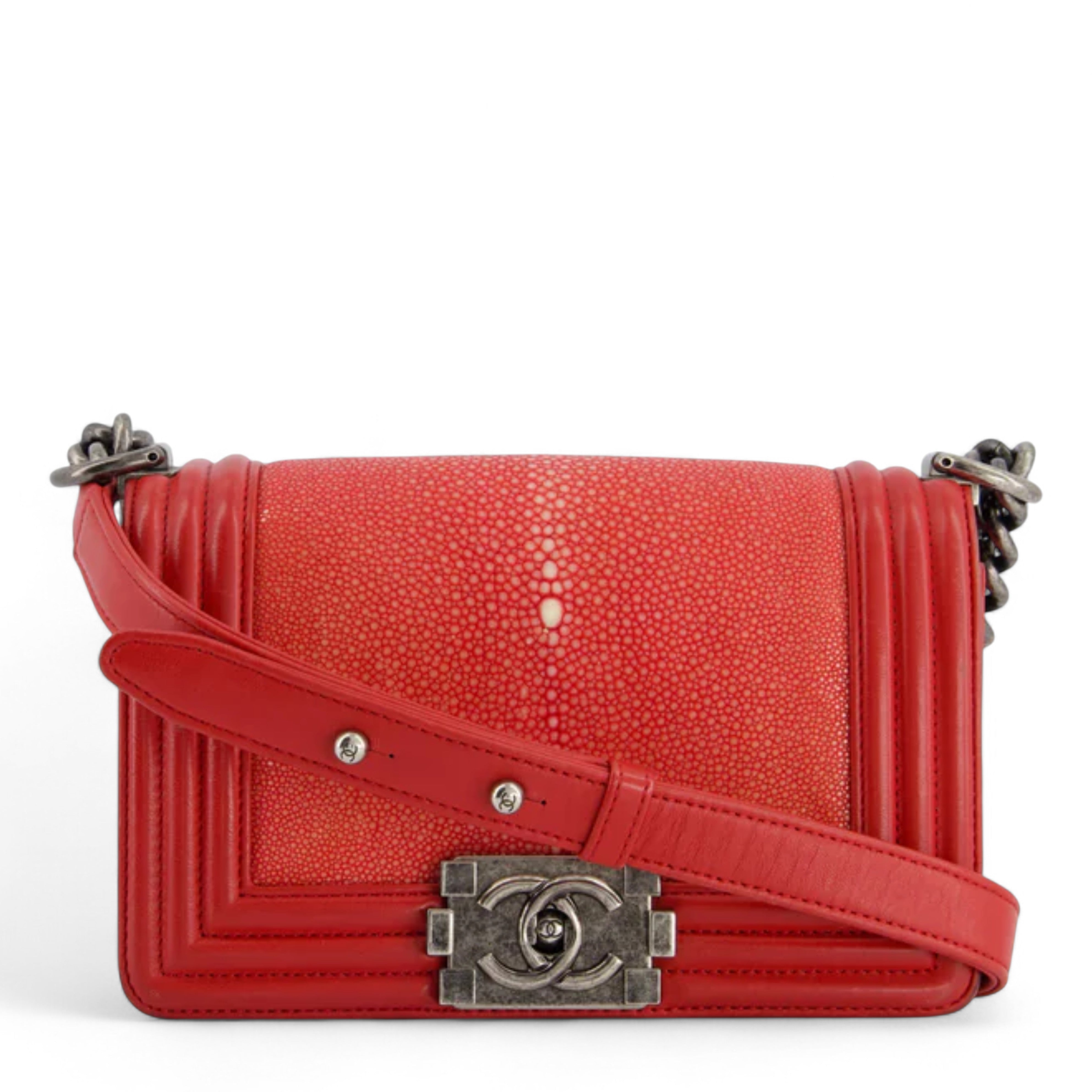 Preloved Chanel Boy Red Small In Stingray Ruthenium HW Limited Edition #18