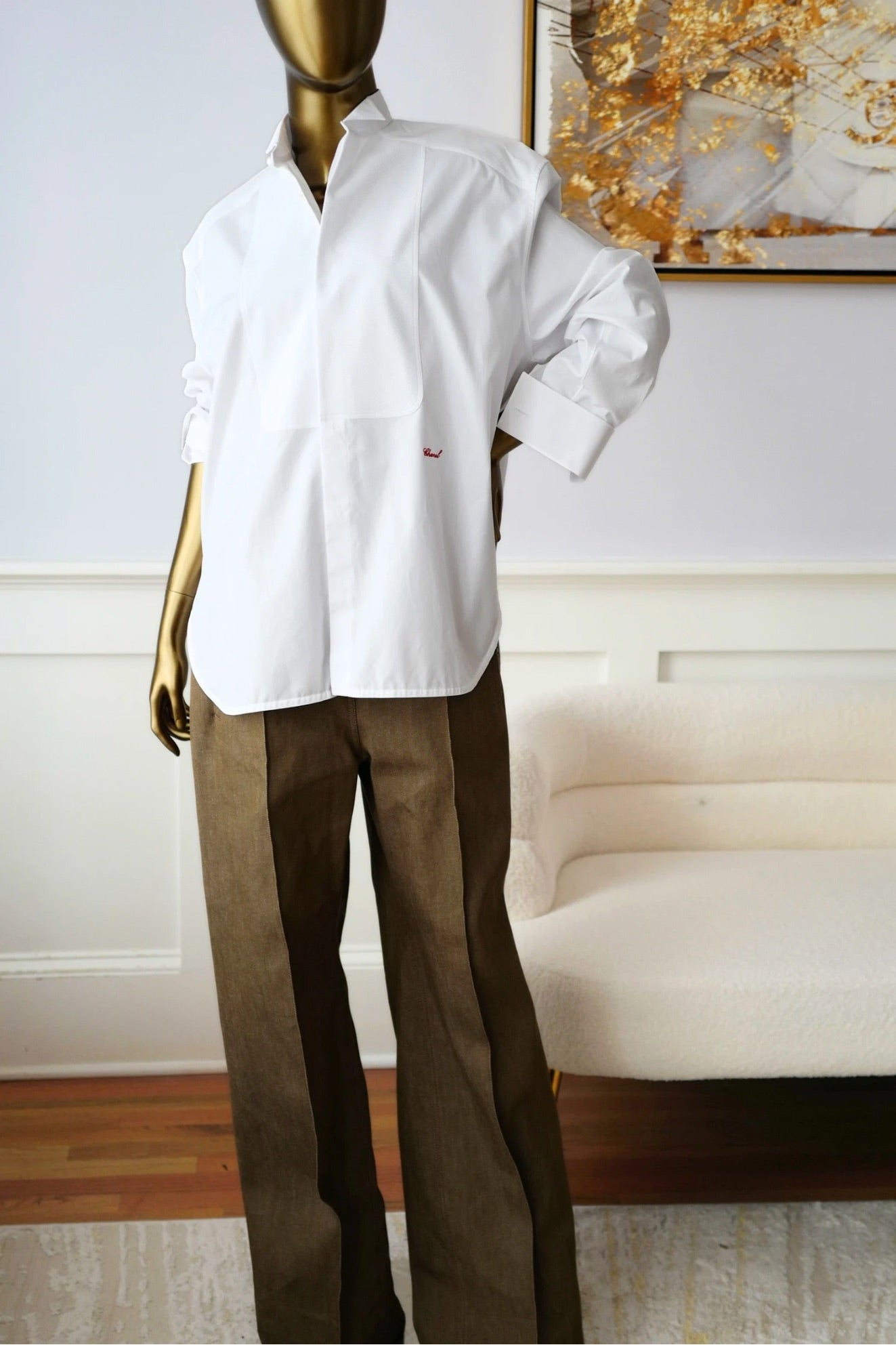 Chanel 26s Long Sleeved Shirt White Cotton with Chain Size 36 Matthieu