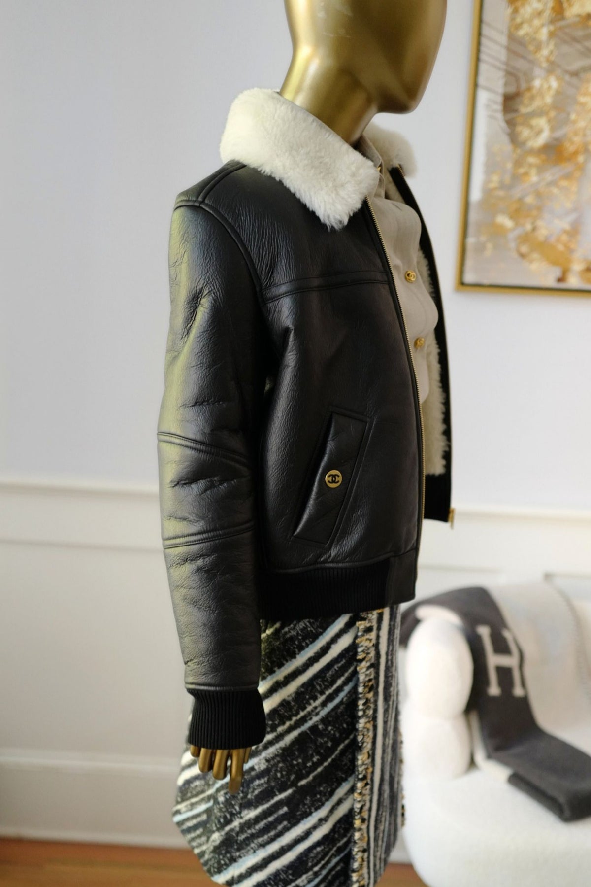 Chanel 26B Blouson Jacket Black White Shearling Lambskin Size 36