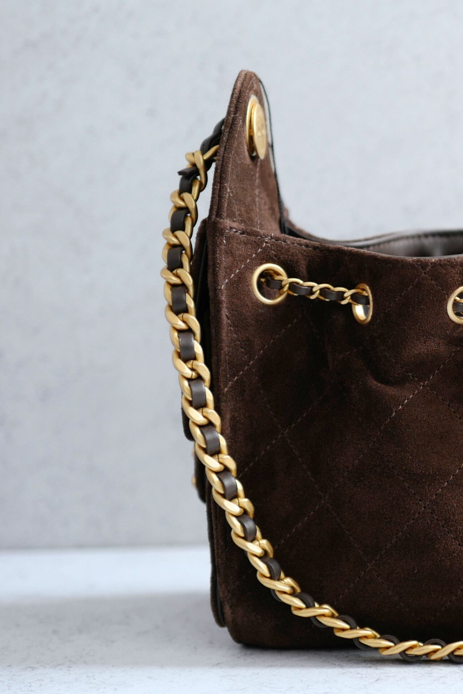 Chanel 26C Mini Hobo Shoulder Bag Dark Brown Suede Calfskin Gold Hardware