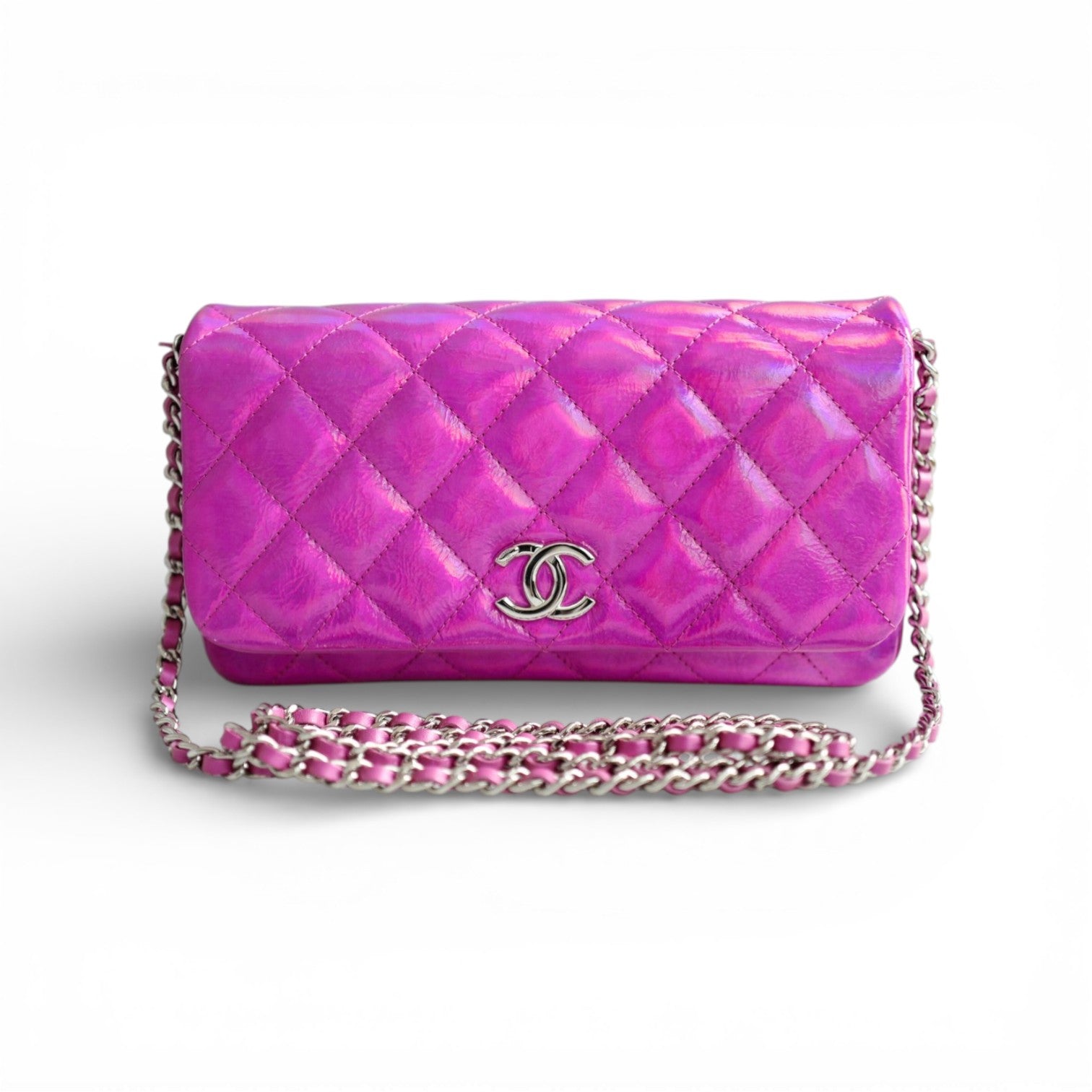NEW Chanel Wallet on Chain Iridescent Mirror Goatskin Silver Fuchsia Cruise 24C