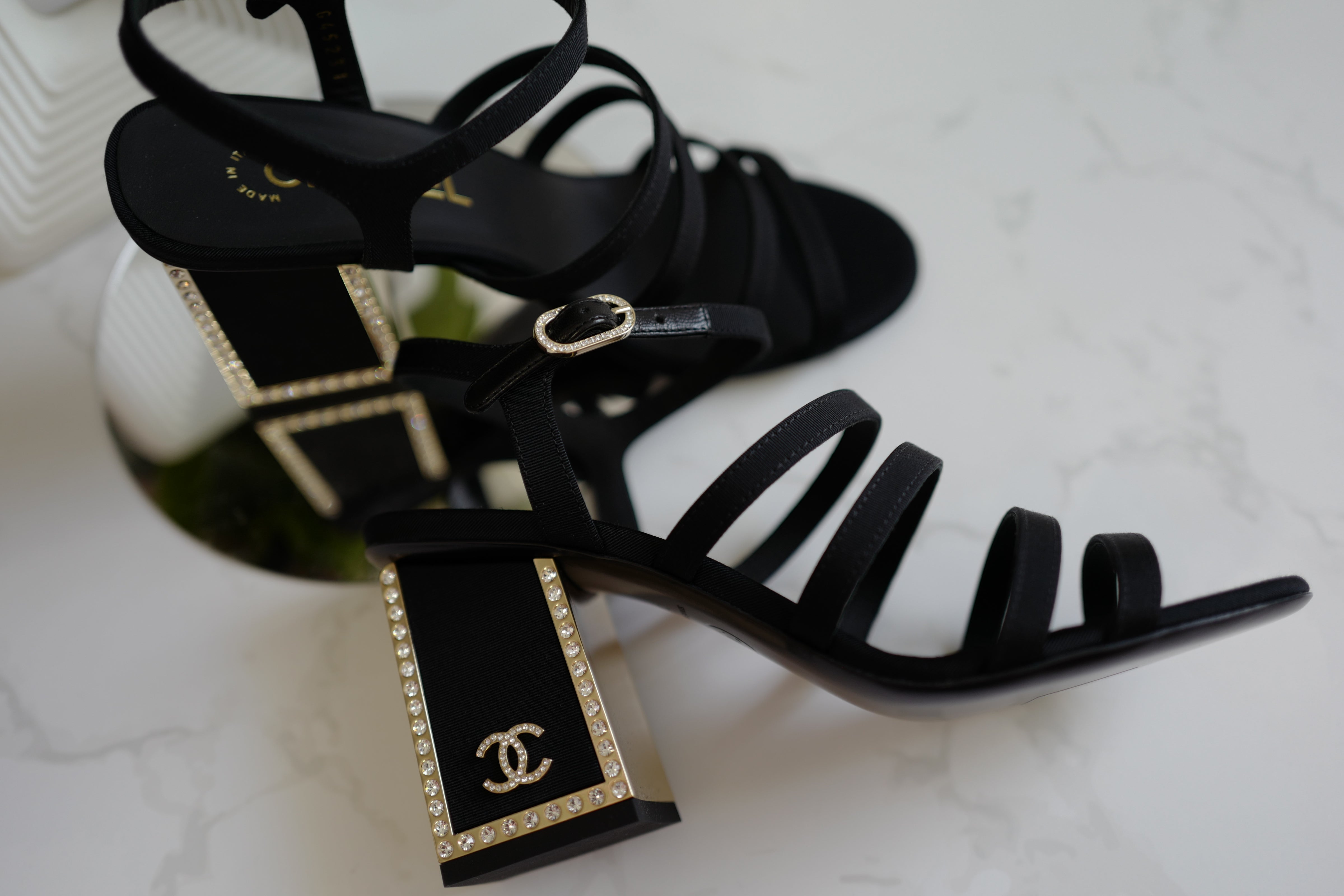 BNIB Chanel 24B Strappy Heels in Black with Crystals Rhinestone Heels size 38