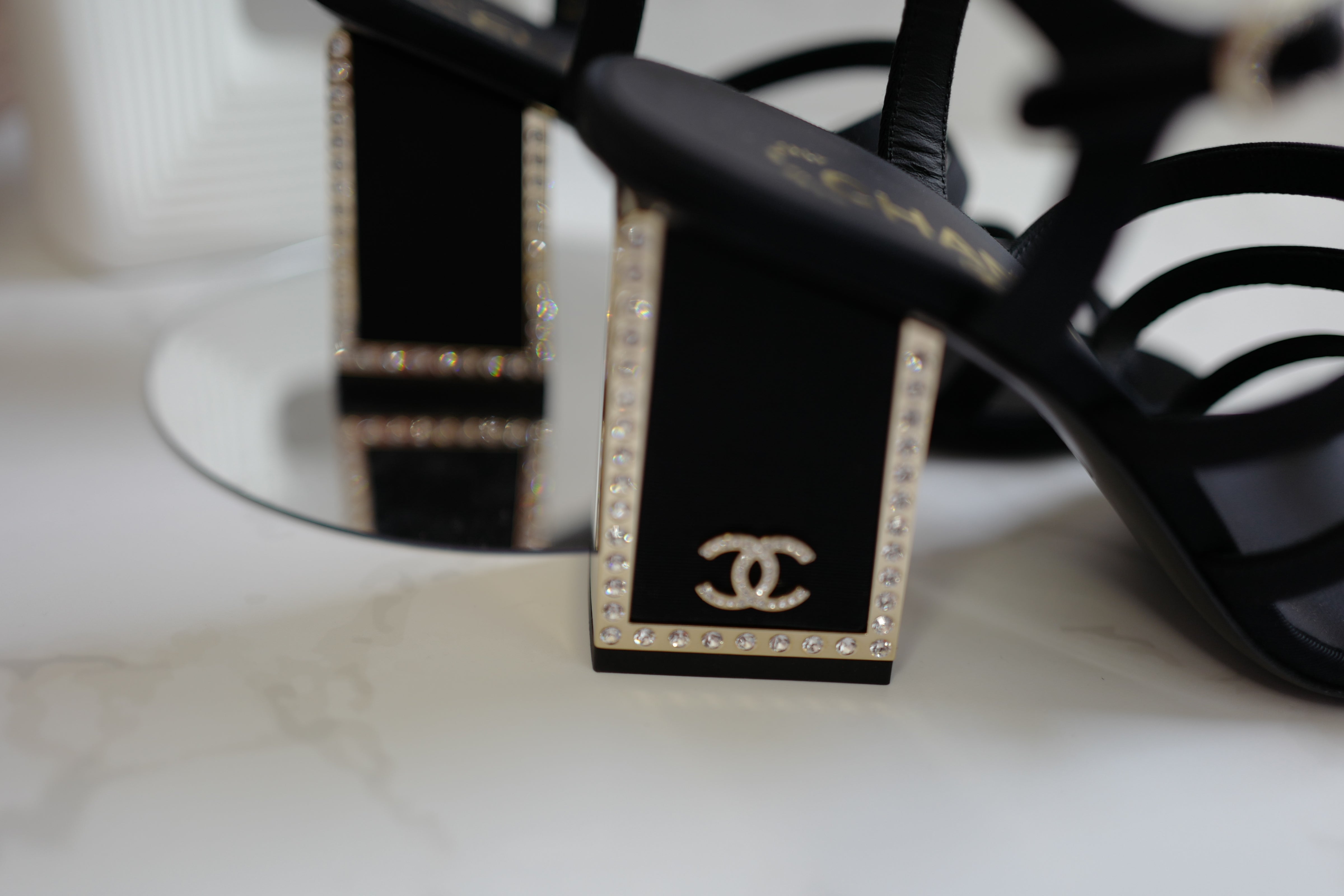 BNIB Chanel 24B Strappy Heels in Black with Crystals Rhinestone Heels size 38