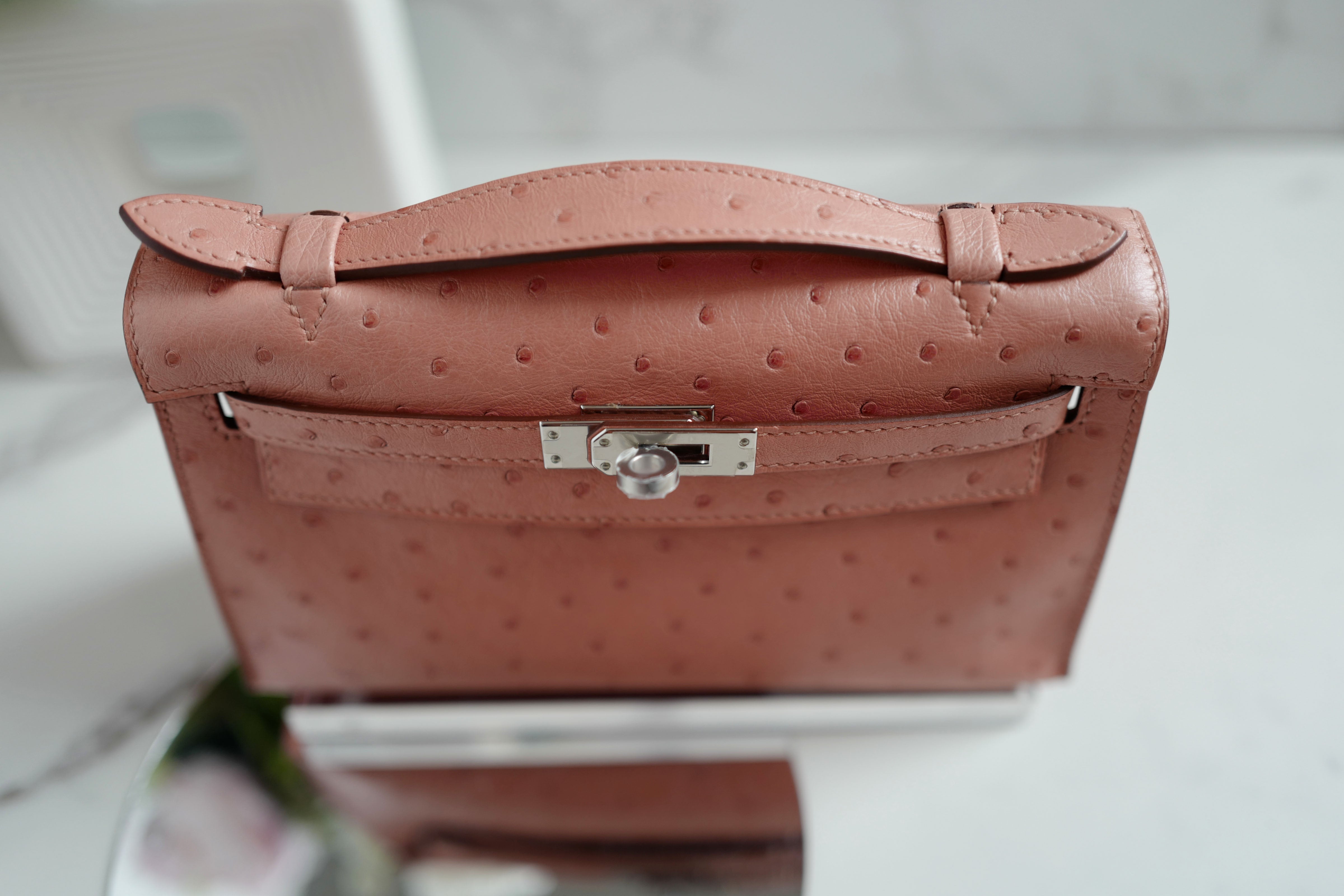 BNIB Hermès Kelly Pochette Clutch Terre Cuite Ostrich with Palladium Hardware