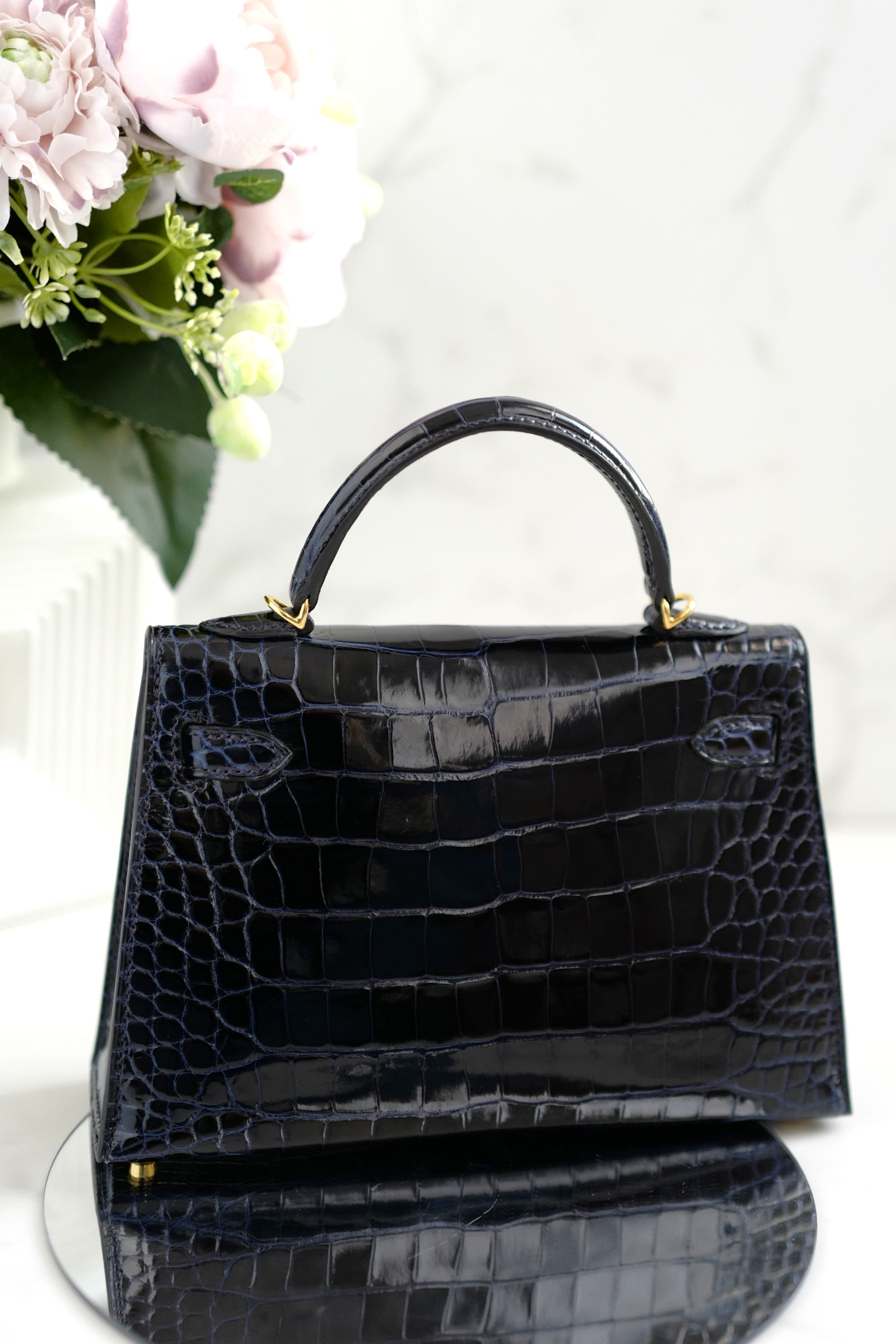BNIB Hermes Mini Kelly Marine Shiny Alligator Gold Hardware