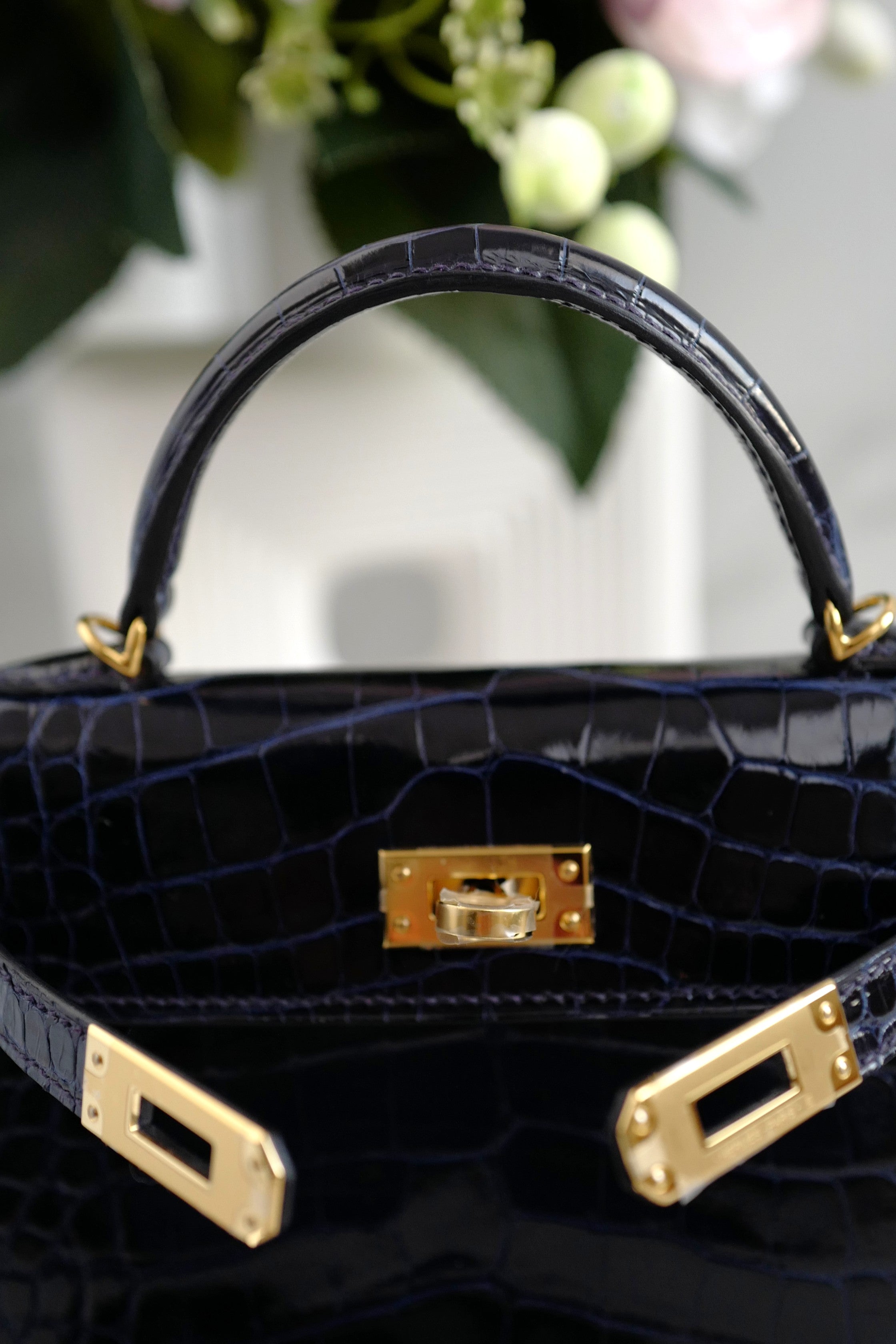 BNIB Hermes Mini Kelly Marine Shiny Alligator Gold Hardware