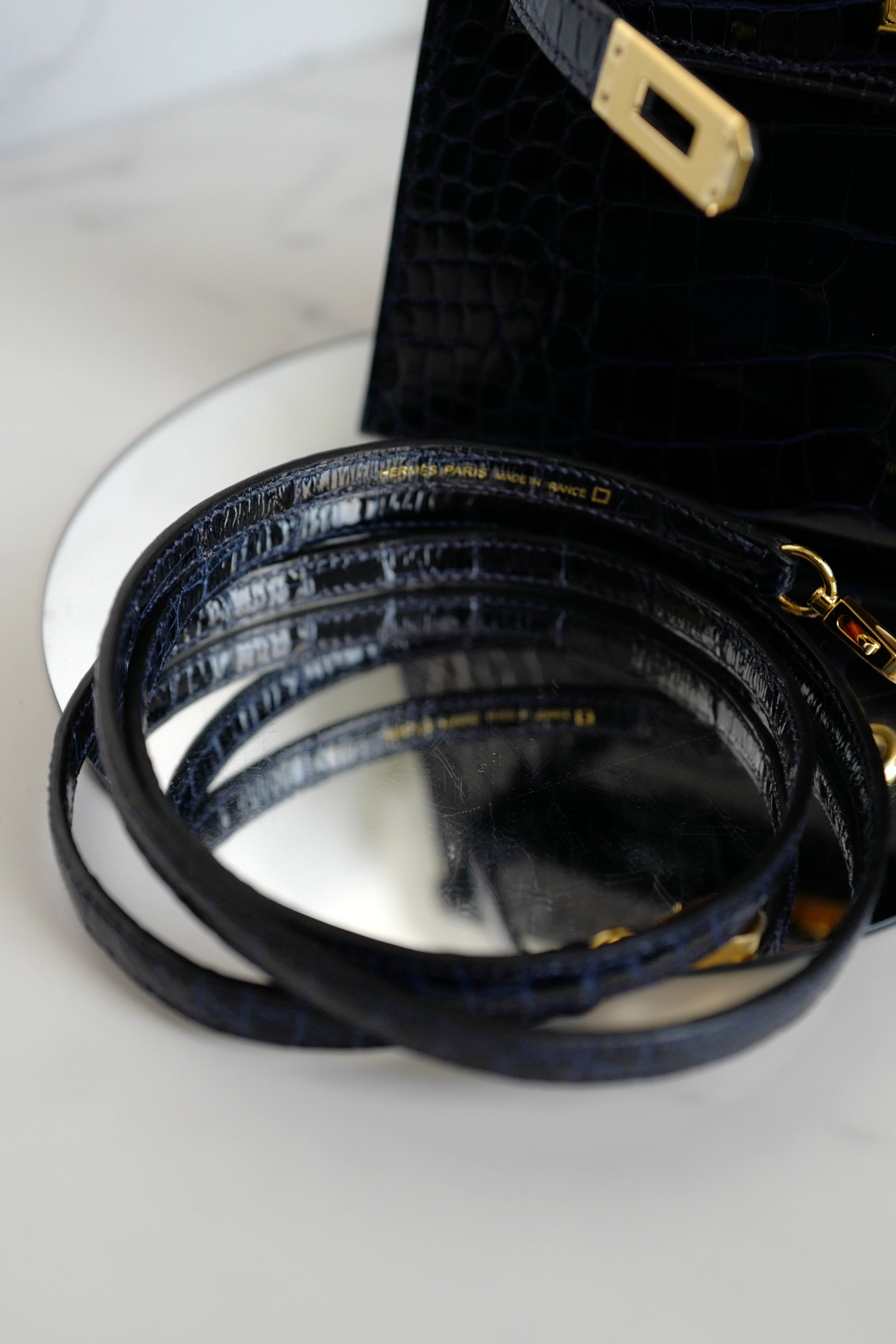 BNIB Hermes Mini Kelly Marine Shiny Alligator Gold Hardware