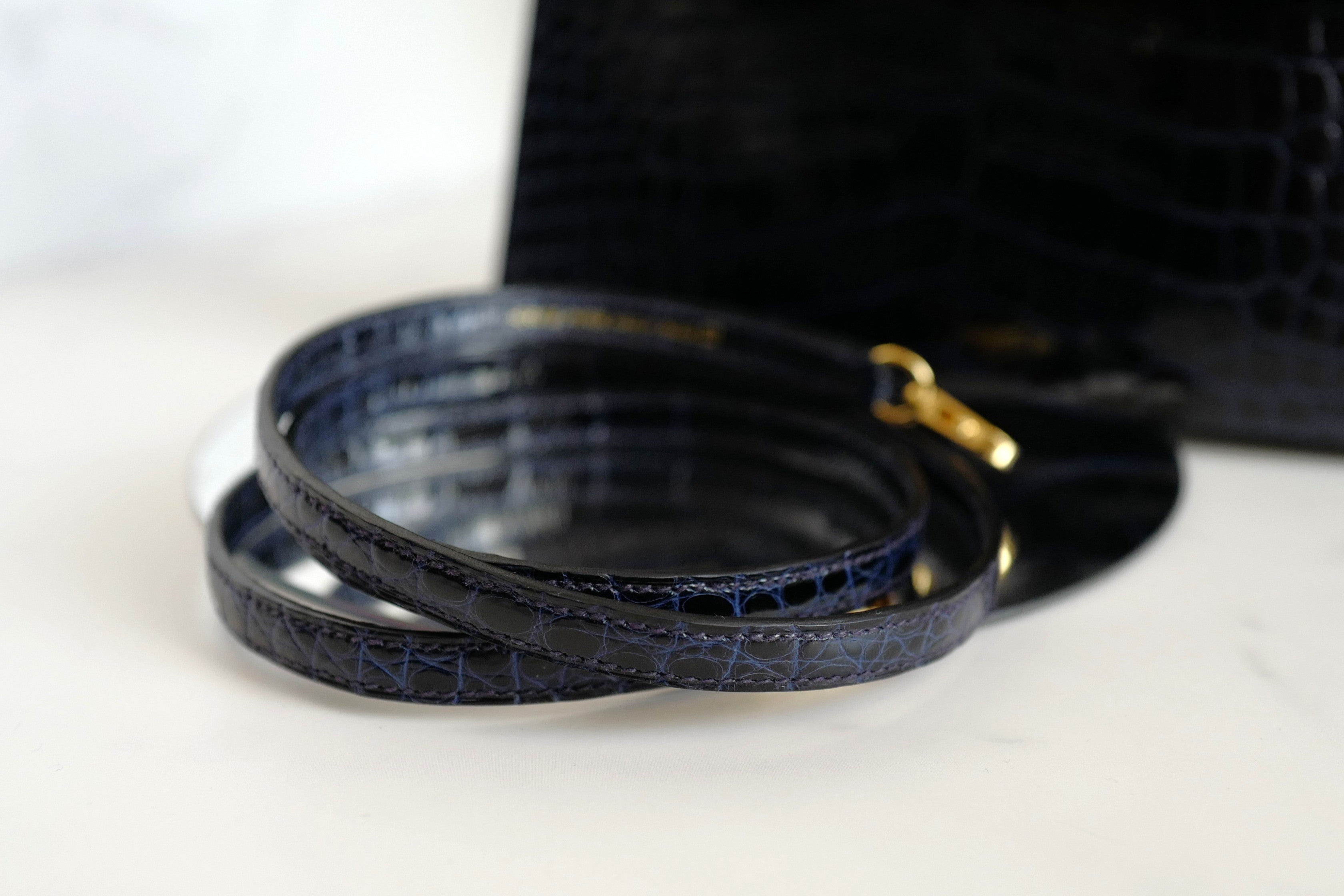 BNIB Hermes Mini Kelly Marine Shiny Alligator Gold Hardware