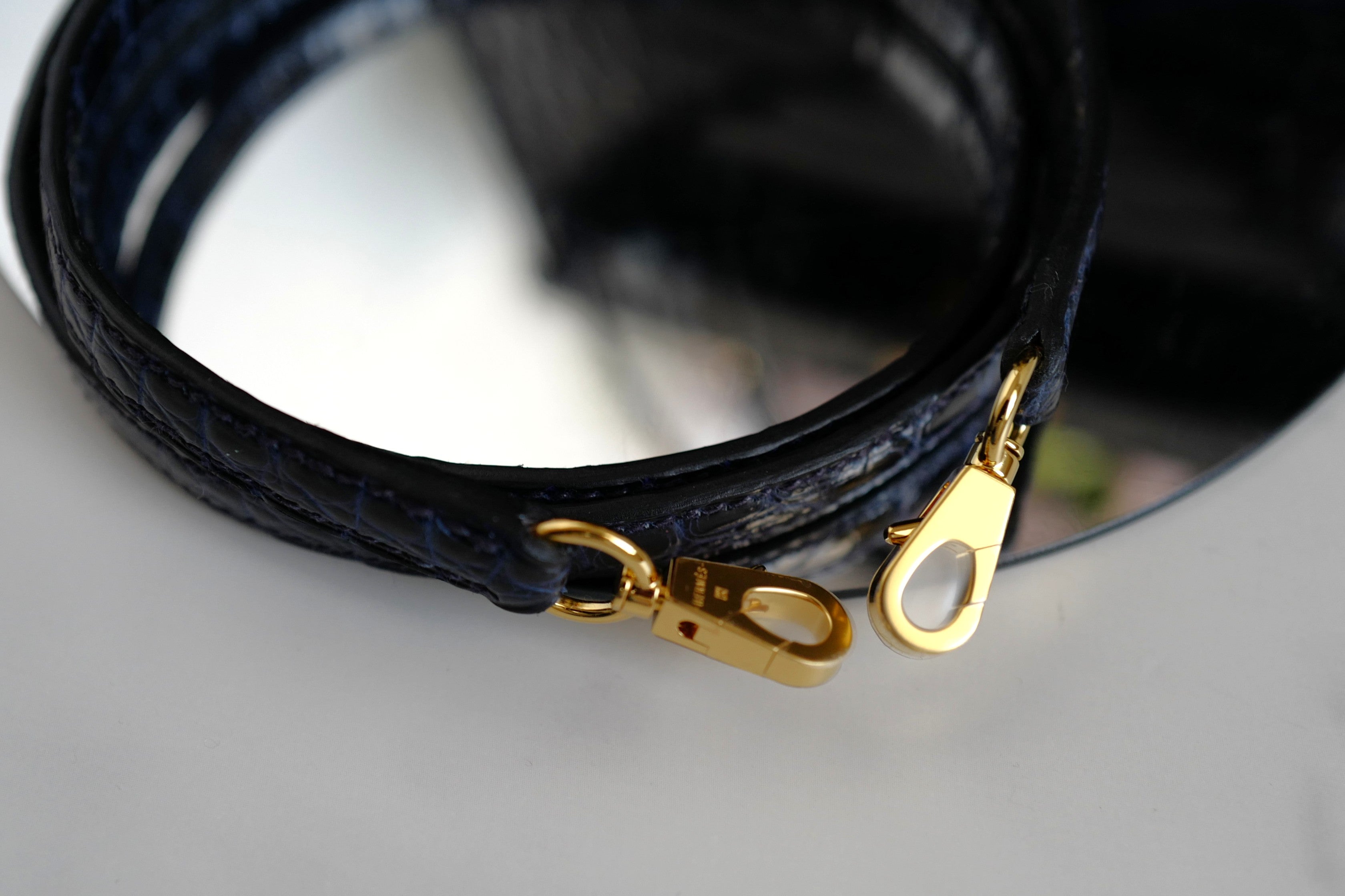 BNIB Hermes Mini Kelly Marine Shiny Alligator Gold Hardware