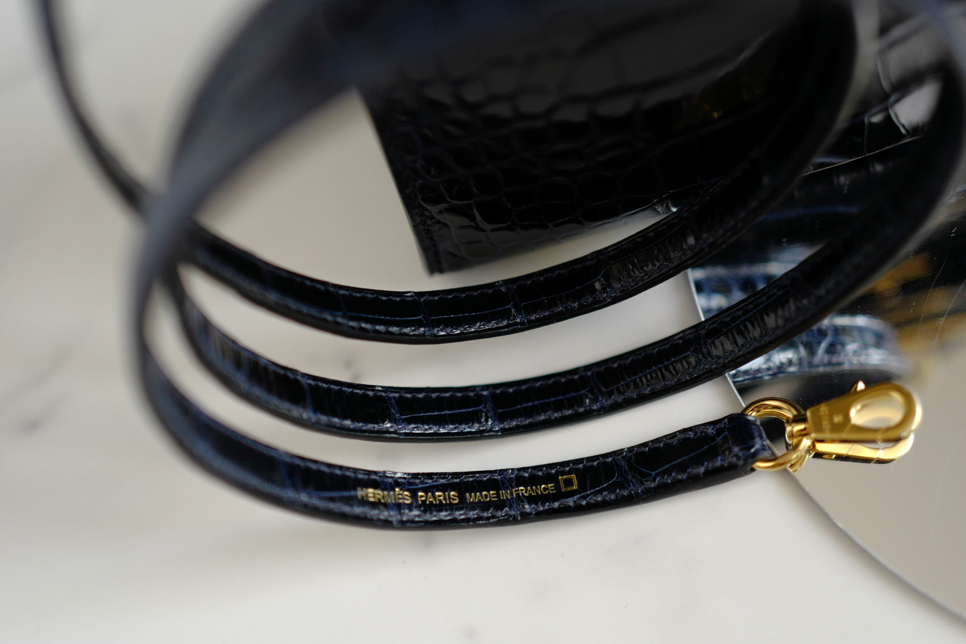 BNIB Hermes Mini Kelly Marine Shiny Alligator Gold Hardware