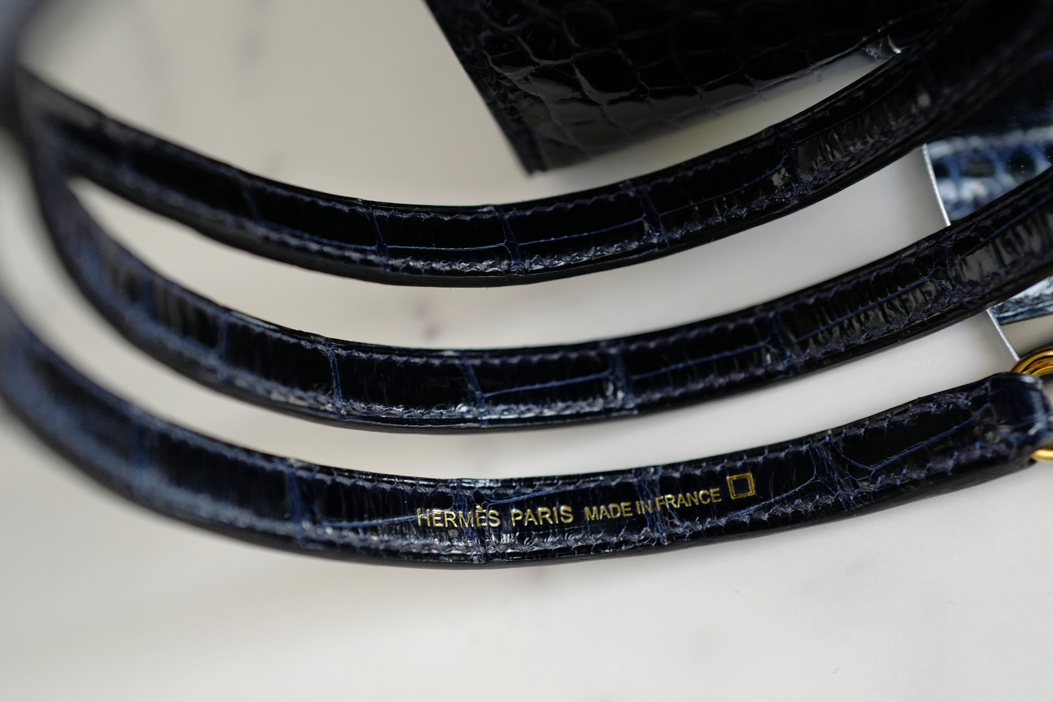 BNIB Hermes Mini Kelly Marine Shiny Alligator Gold Hardware