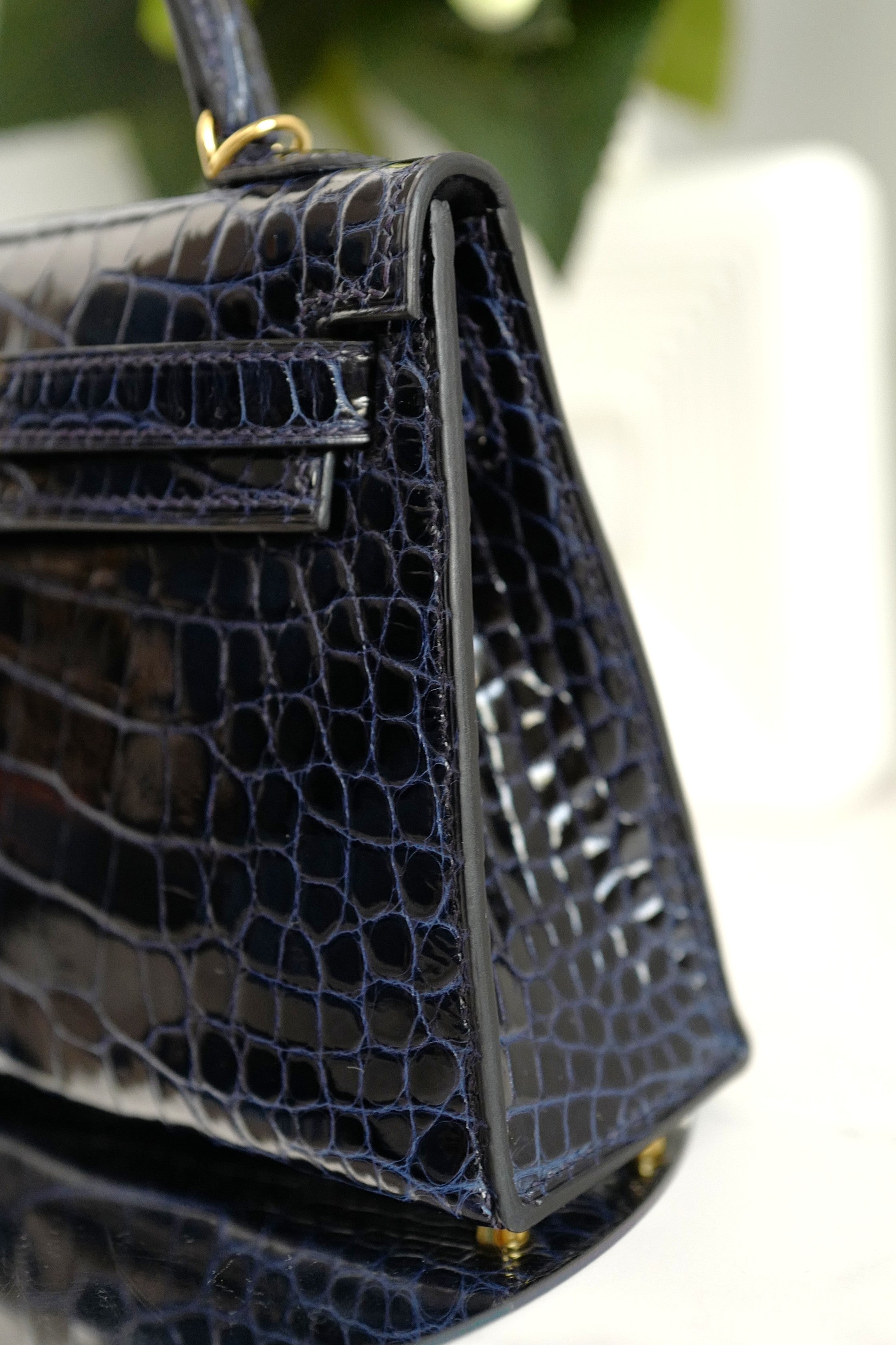 BNIB Hermes Mini Kelly Marine Shiny Alligator Gold Hardware