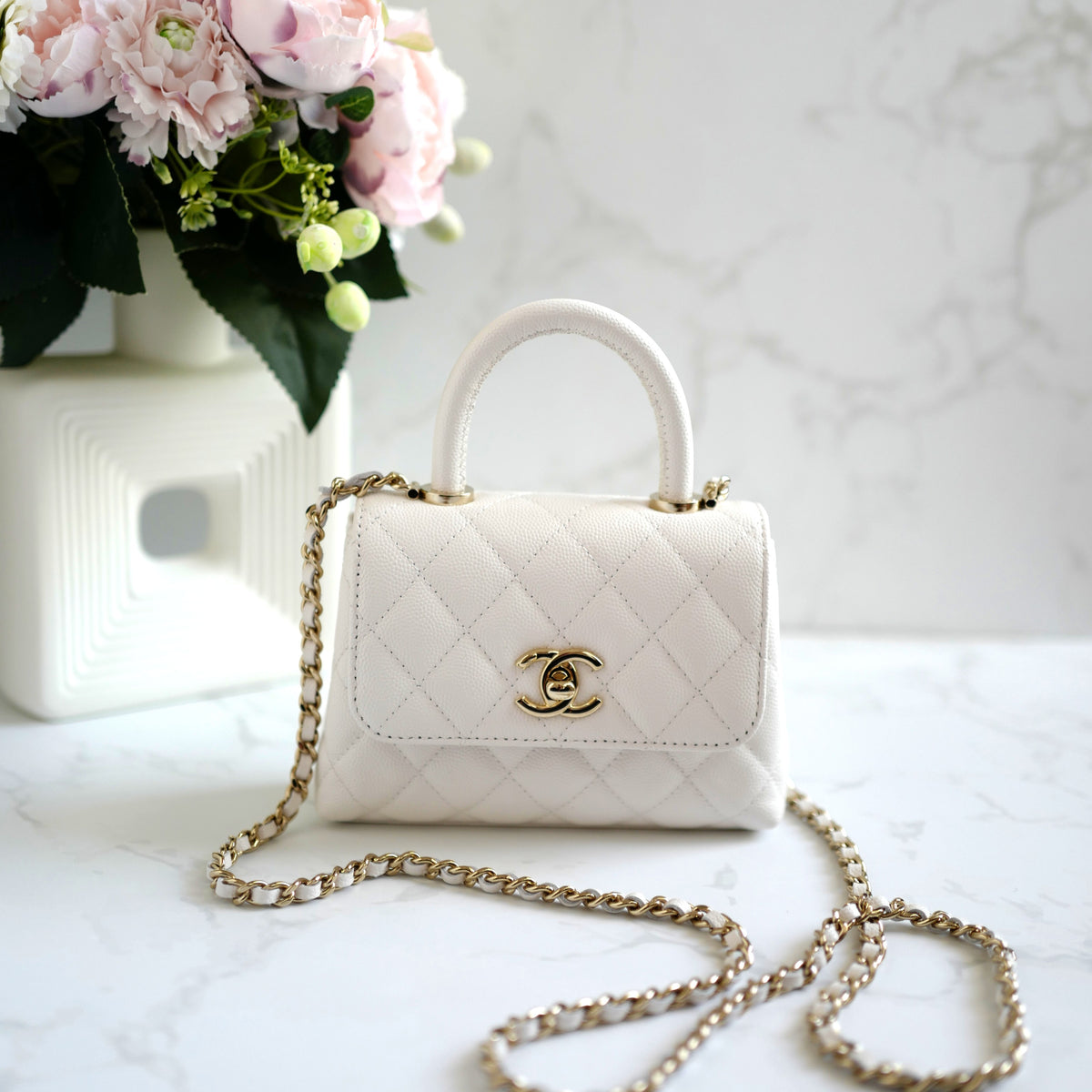 BNIB Chanel 25P Nano Coco Handle Bag – White Caviar Leather Champagne