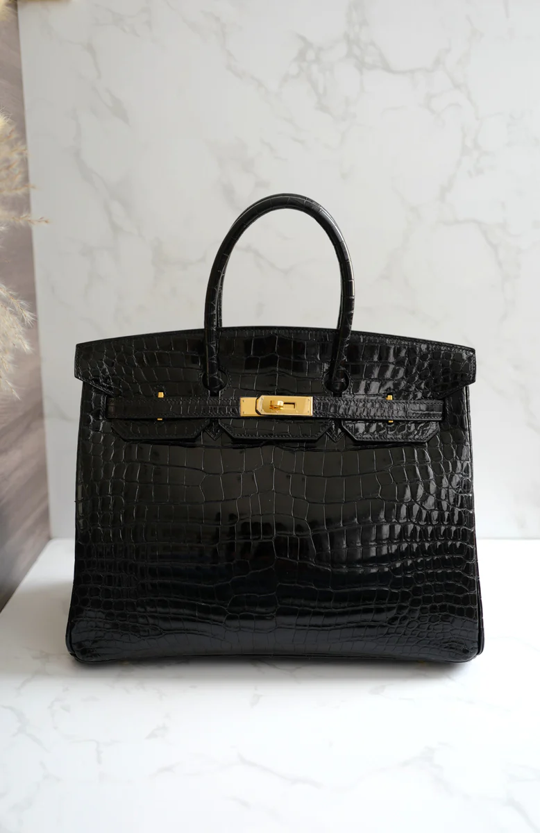 Hermès Birkin 35 Black Shiny Porosus Crocodile Gold HW #D Preowned Condition