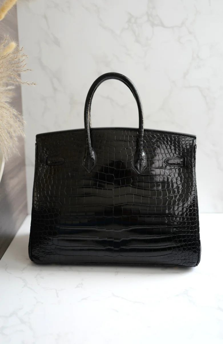 Hermès Birkin 35 Black Shiny Porosus Crocodile Gold HW #D Preowned Condition