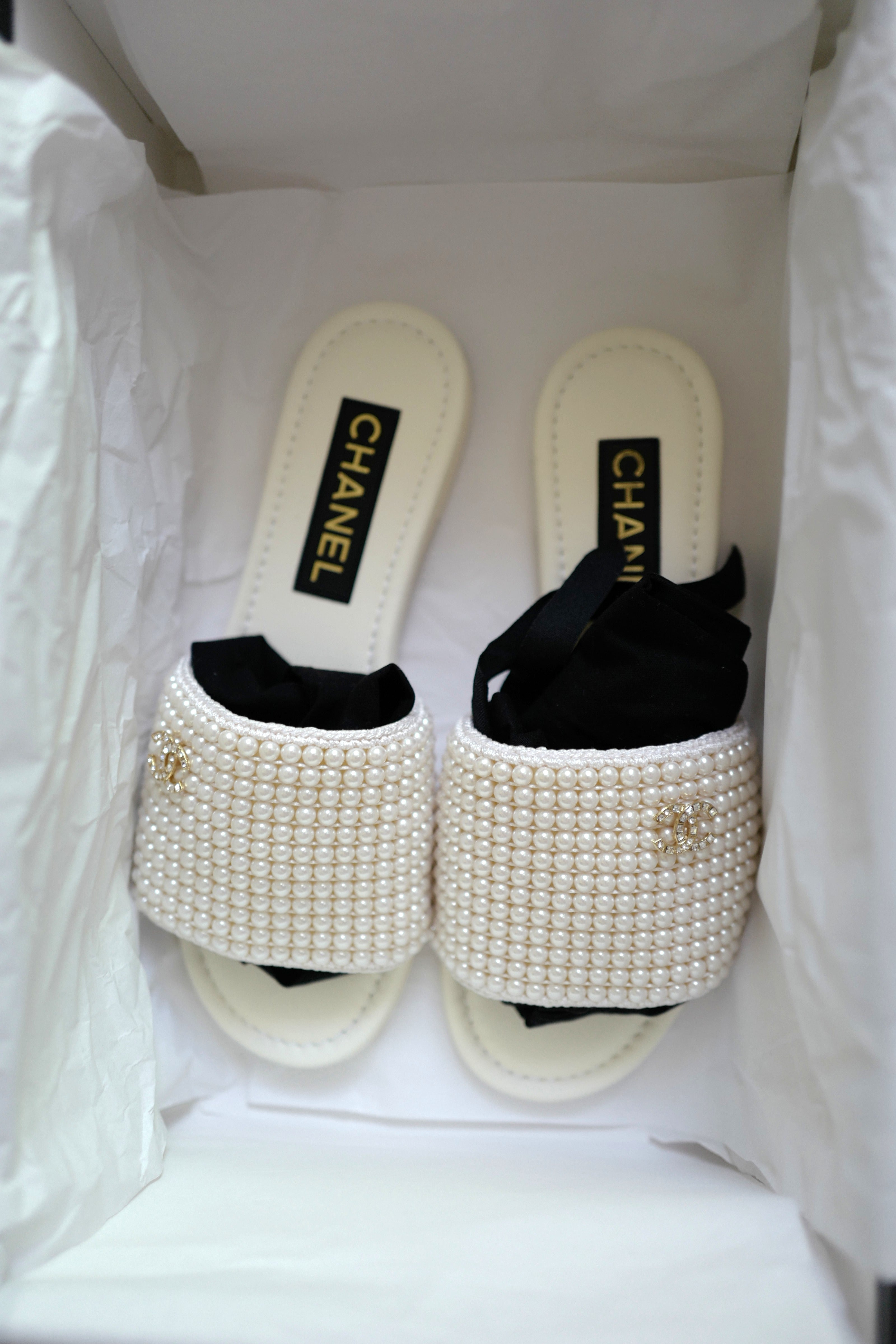 Chanel CC Logo Tweed Pearl Sandals Mule G45575 Slippers | eBay